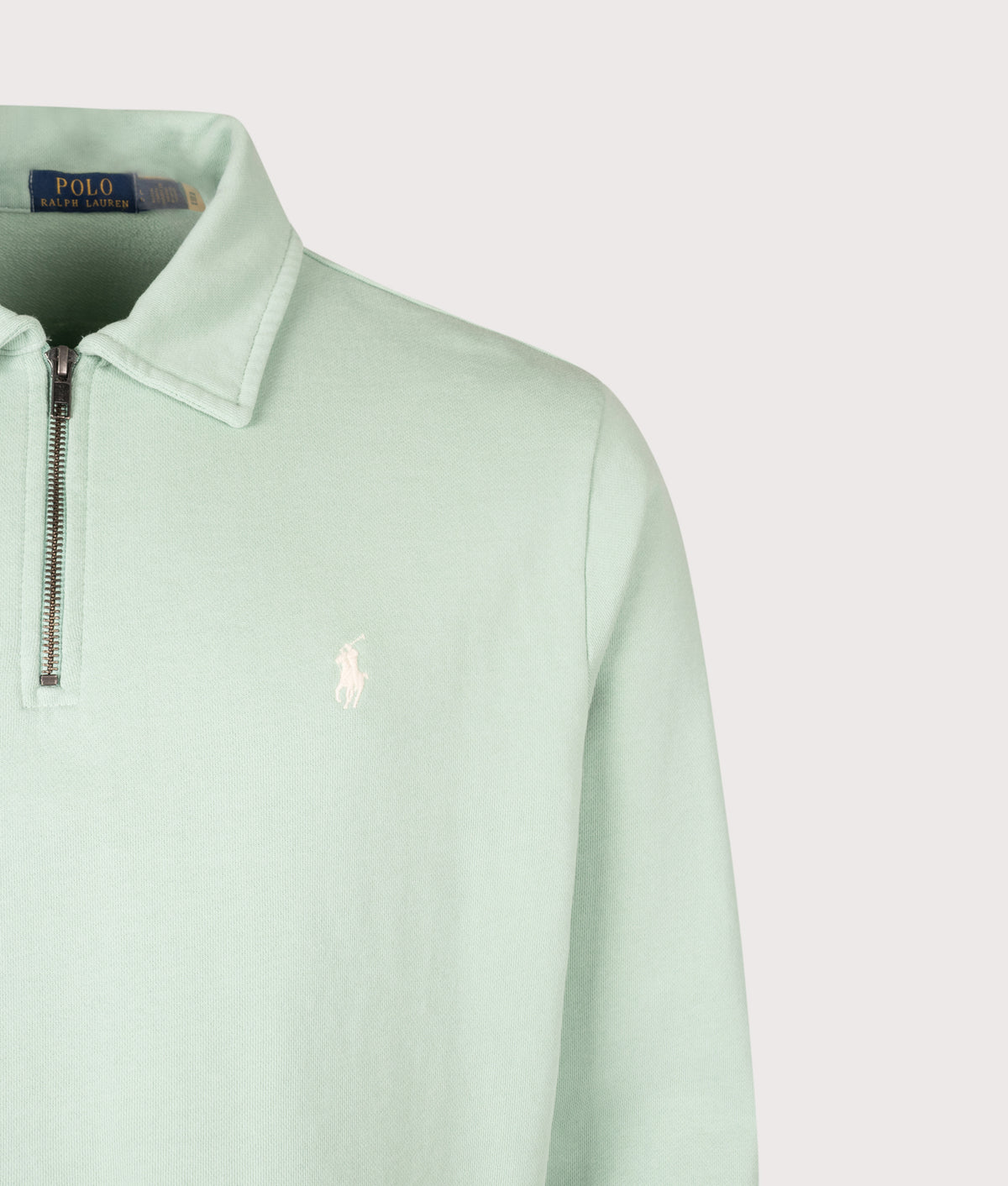 Polo Ralph Lauren Loopback Quarter Zip Sweatshirt in Celadon at EQVVS Menswear. Detail shot.