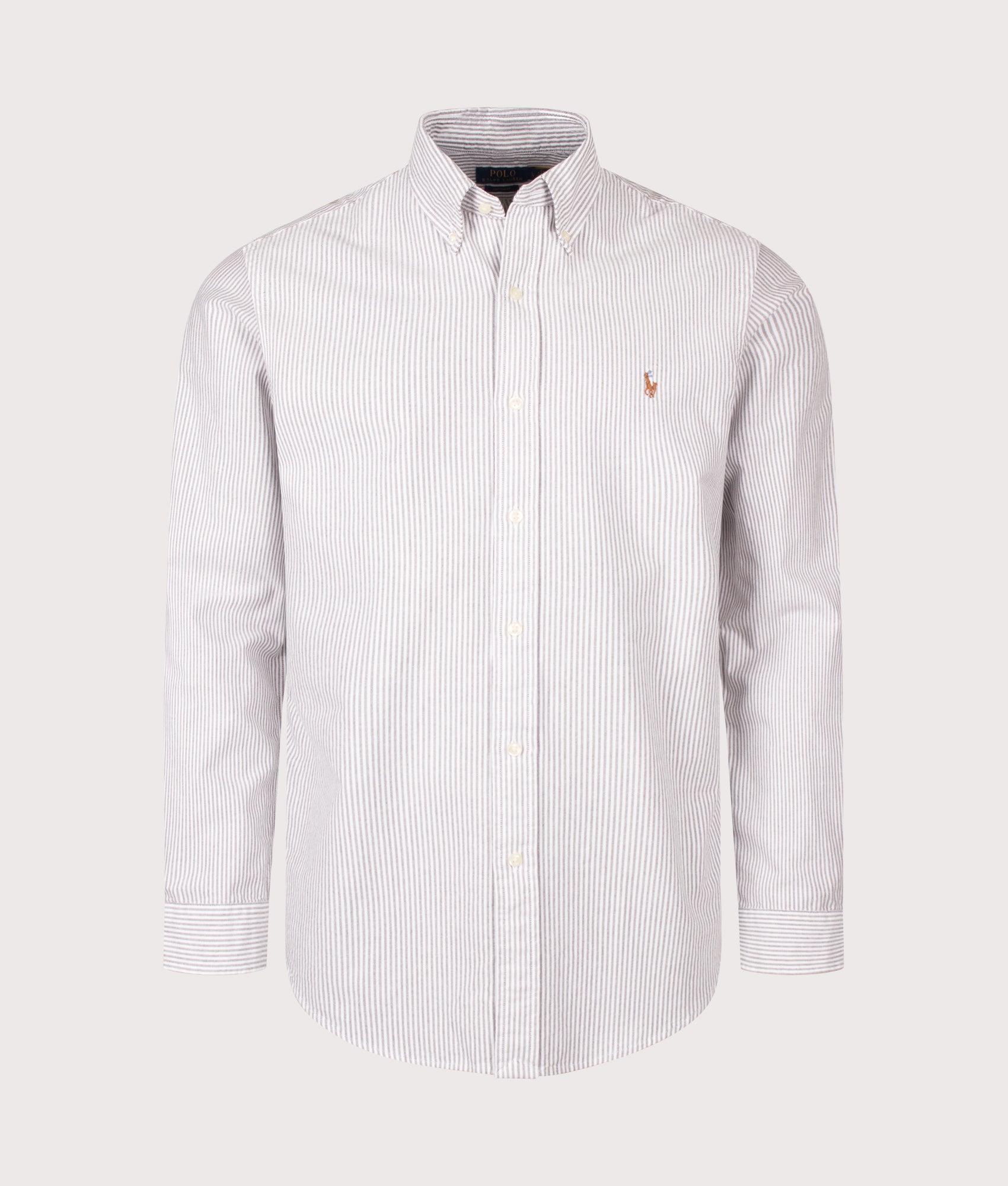 Polo Ralph Lauren Custom Fit Striped Oxford Shirt in Nutmeg Brown and White stripe at EQVVS Menswear. Front shot.