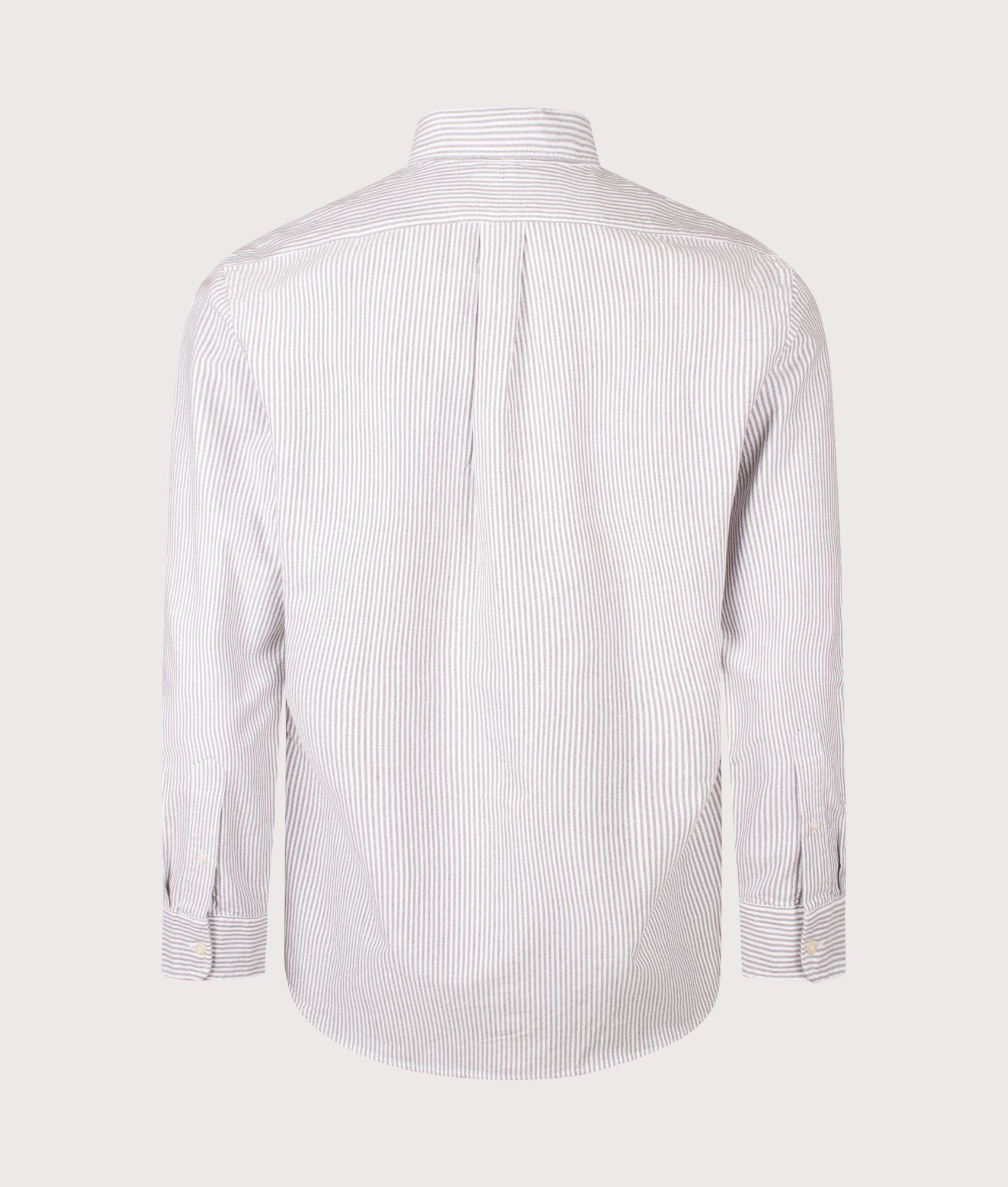 Polo Ralph Lauren Custom Fit Striped Oxford Shirt in Nutmeg Brown and White stripe at EQVVS Menswear. Back shot.