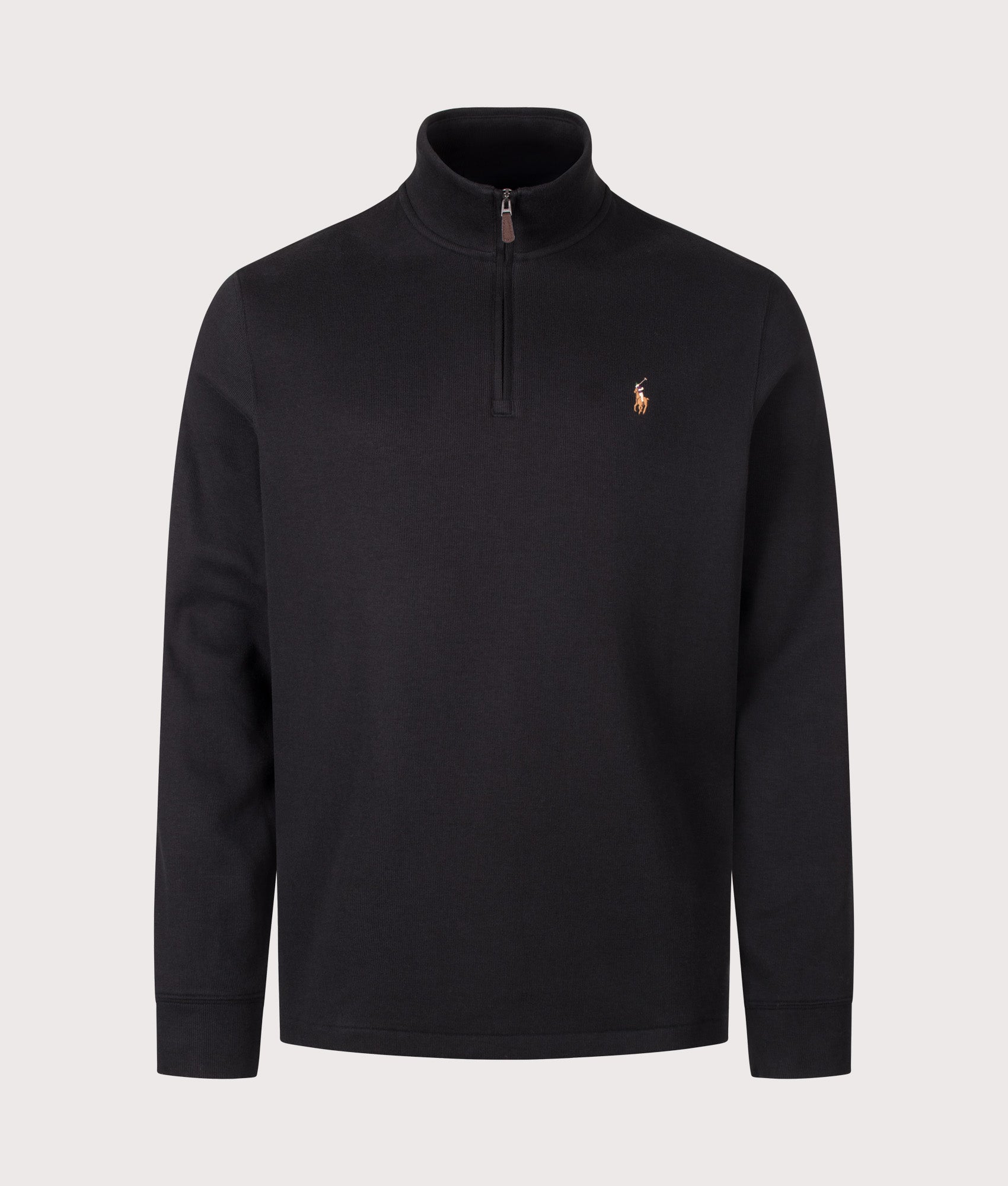 Polo Ralph Lauren Loose Fit Estate-Rib Quarter Zip Knit Jumper in Polo Black at EQVVS Menswear. Front shot.