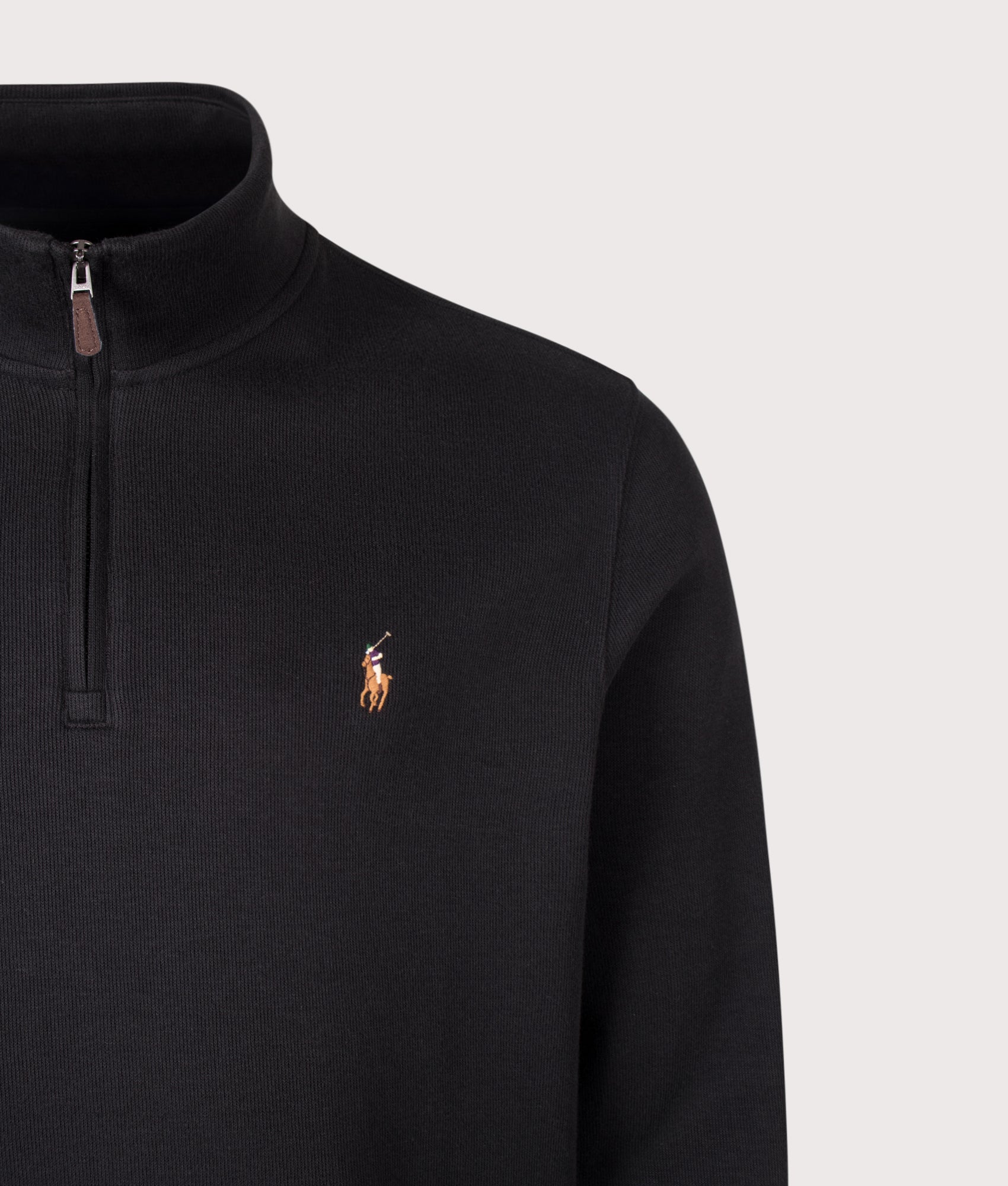 Polo Ralph Lauren Loose Fit Estate-Rib Quarter Zip Knit Jumper in Polo Black at EQVVS Menswear. Detail Shot.