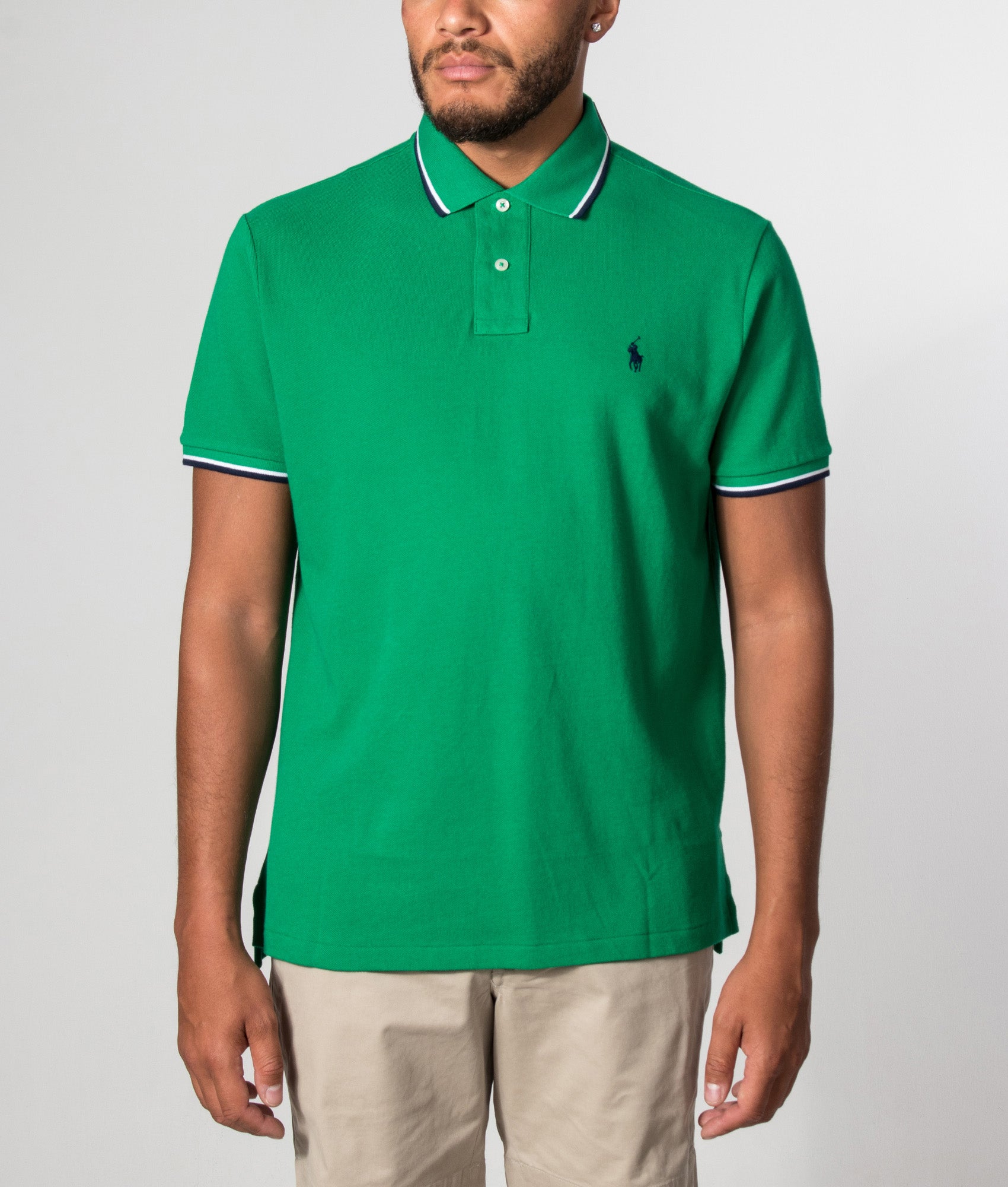 Polo Ralph Lauren Custom Slim Fit Mesh Polo Shirt in Billiard at EQVVS Menswear. Model front shot.