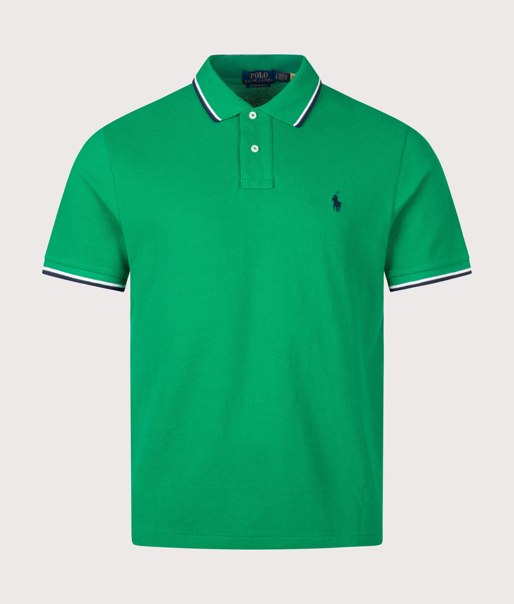 Polo Ralph Lauren Custom Slim Fit Mesh Polo Shirt in Billiard at EQVVS Menswear. Front shot.