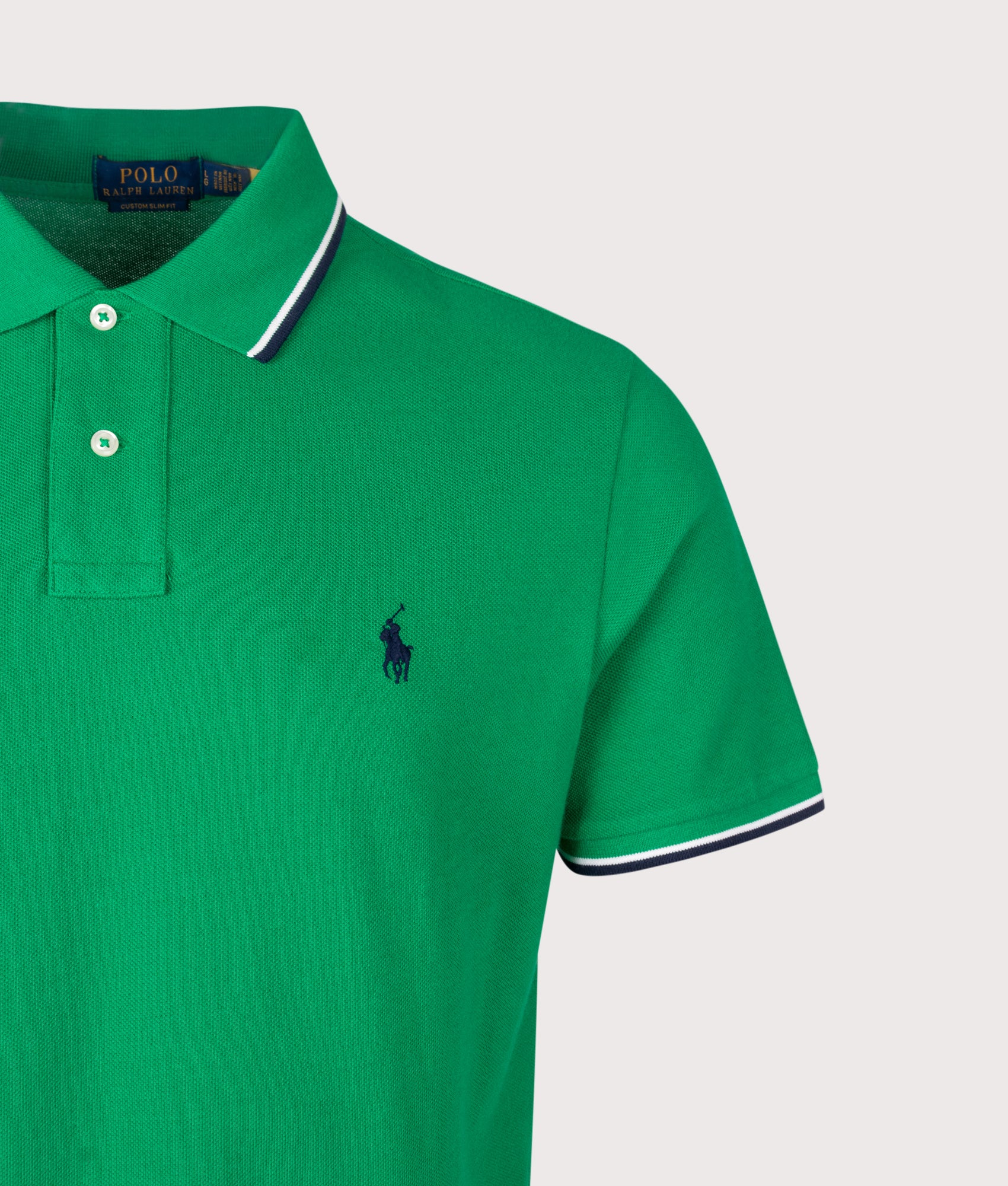 Polo Ralph Lauren Custom Slim Fit Mesh Polo Shirt in Billiard at EQVVS Menswear. Detail shot.