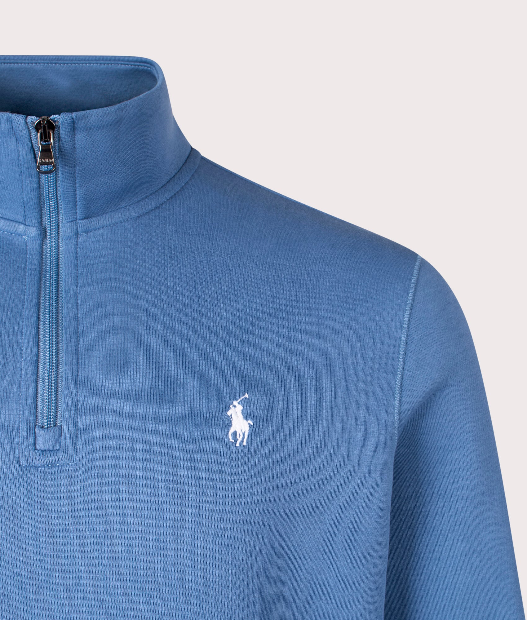 Double Knit Quarter Zip Sweatshirt in Delta Blue | Polo Ralph Lauren | EQVVS | Front detail shot 