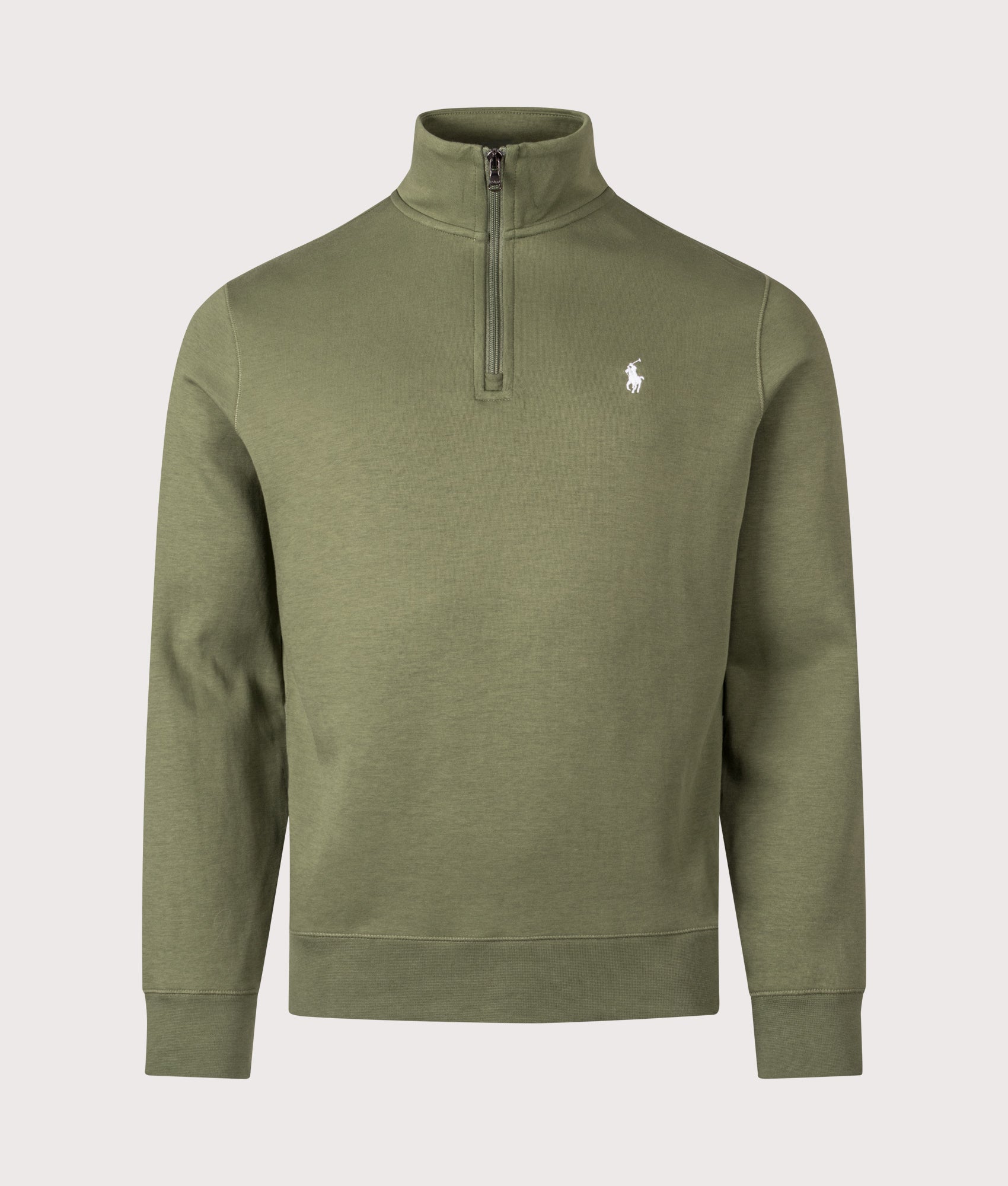 Polo Ralph Lauren Double-Knit Quarter Zip Sweatshirt in Supply Olive at EQVVS Menswear. Front shot.