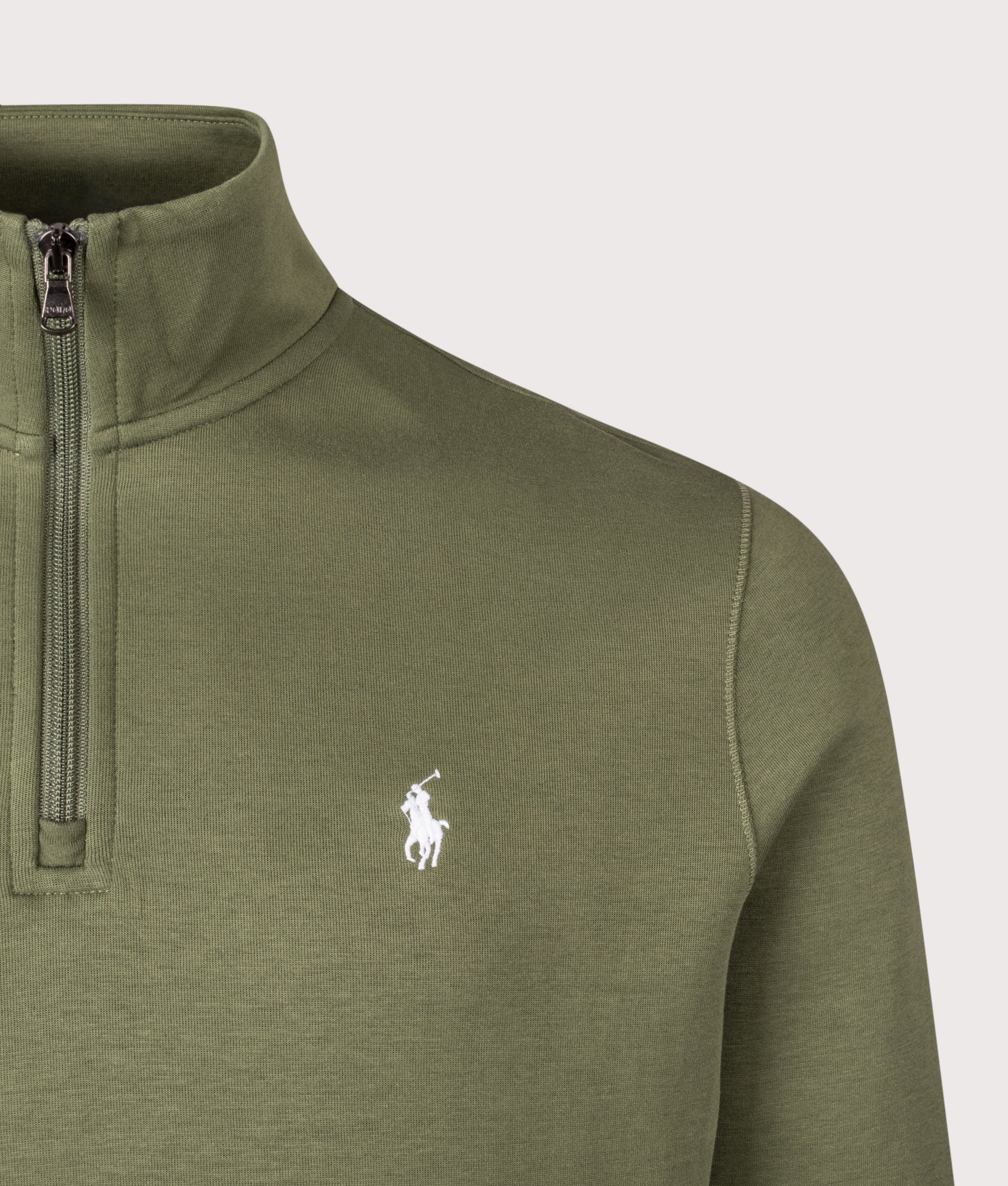 Polo Ralph Lauren Double-Knit Quarter Zip Sweatshirt in Supply Olive at EQVVS Menswear. Detail shot.