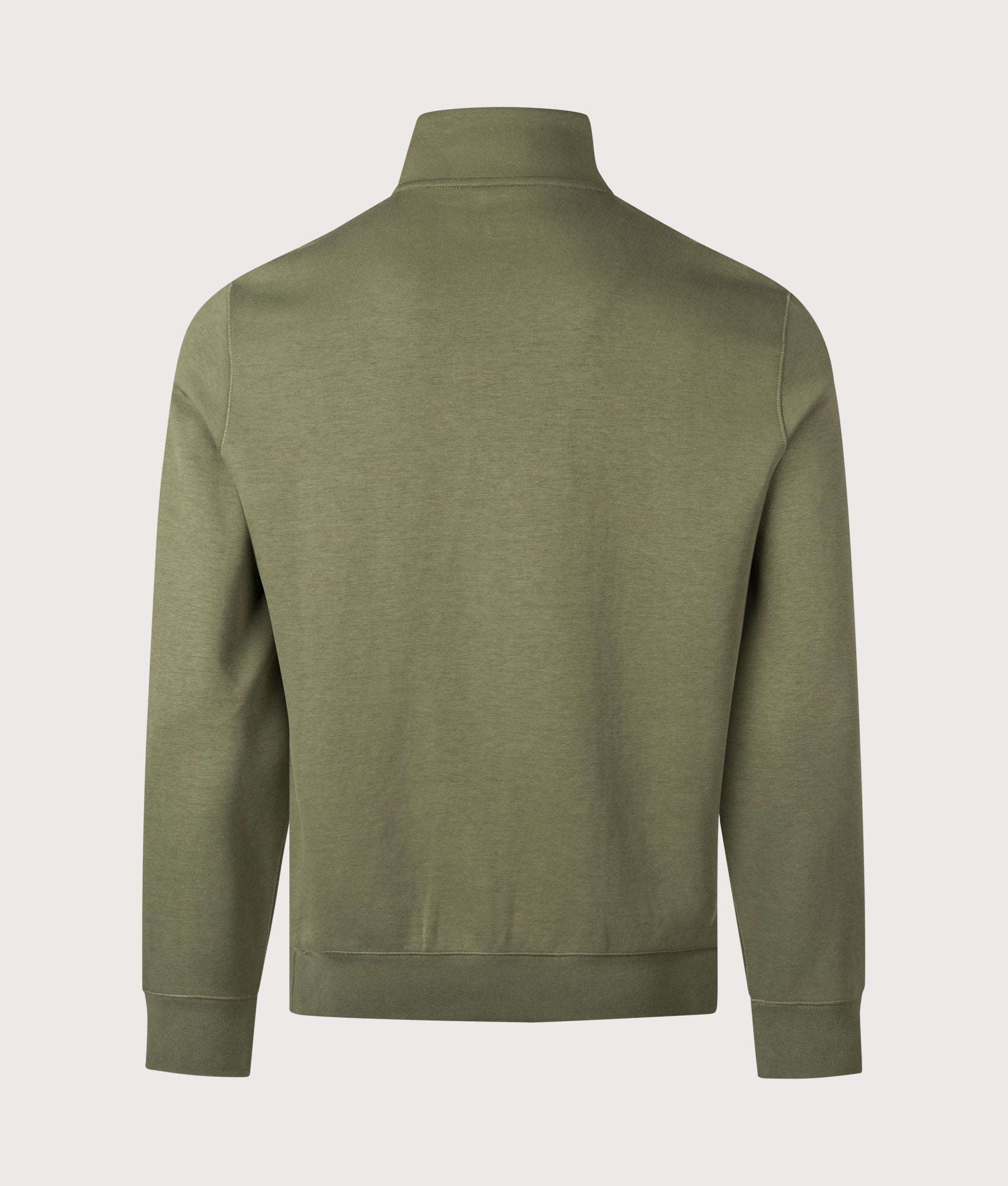 Polo Ralph Lauren Double-Knit Quarter Zip Sweatshirt in Supply Olive at EQVVS Menswear. Back shot.