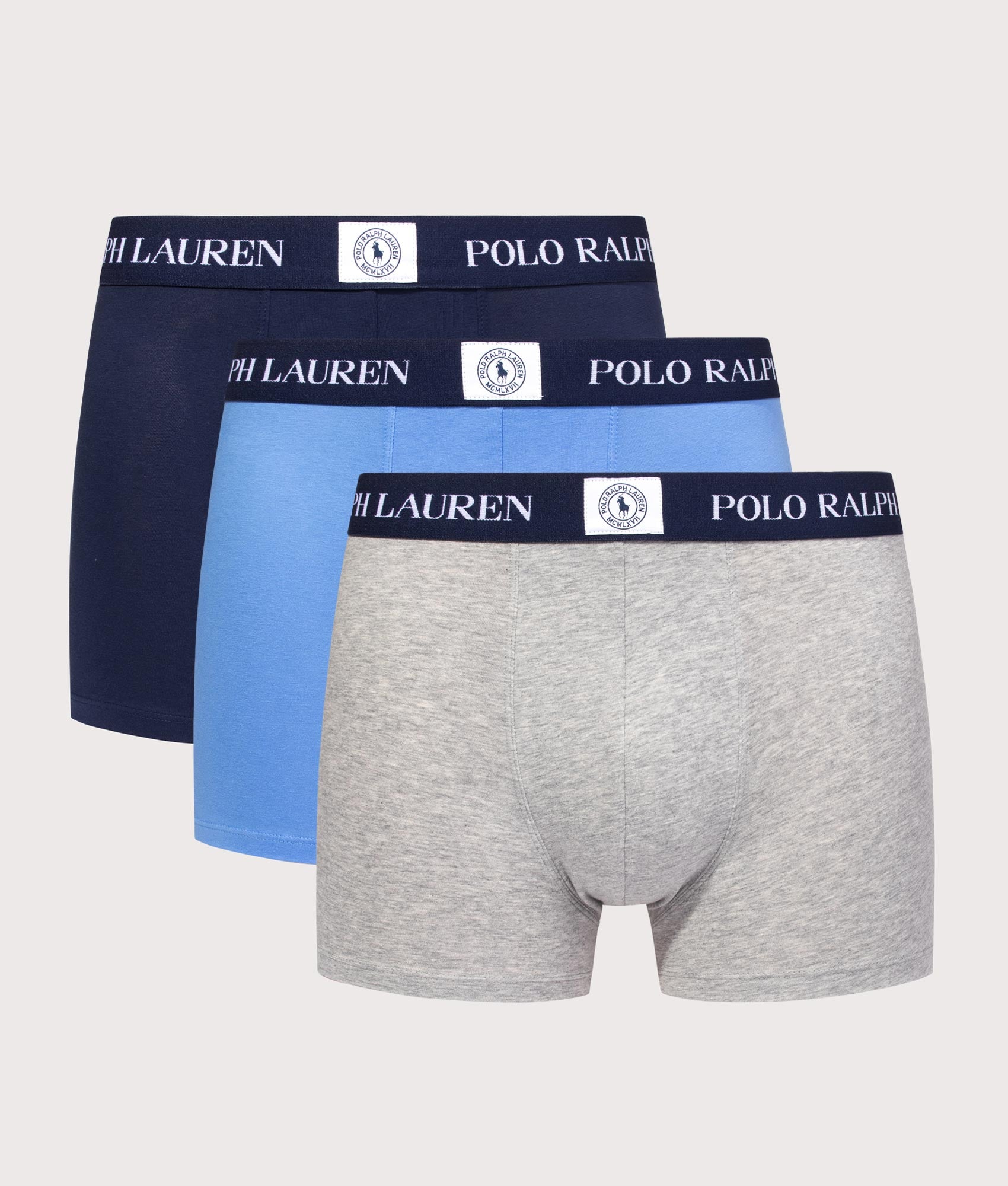 Polo Ralph Lauren 3 Pack Classic Stretch Cotton Trunks in Navy, Blue and Grey at EQVVS Menswear. Front shot.