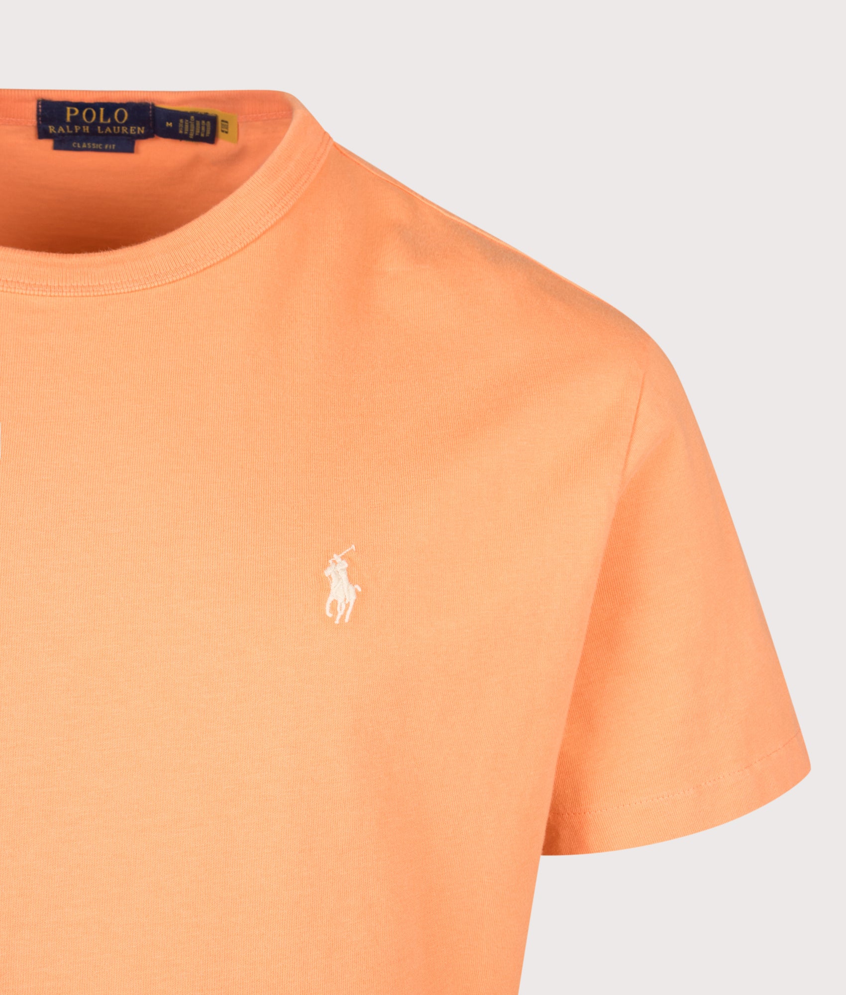 Polo Ralph Lauren Classic Fit Jersey Crewneck T-Shirt in Pompano Orange at EQVVS Menswear. Detail shot.