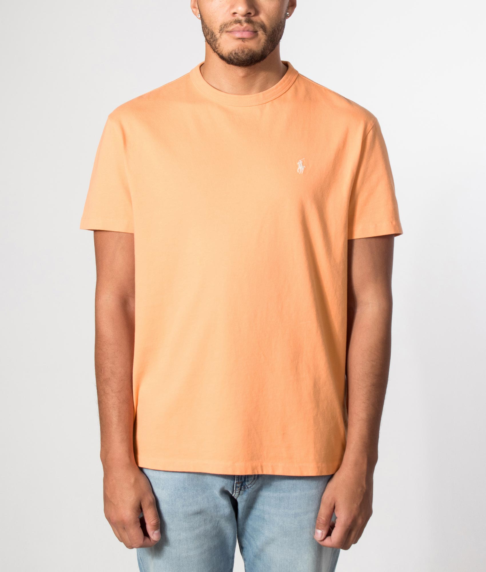 Polo Ralph Lauren Classic Fit Jersey Crewneck T-Shirt in Pompano Orange at EQVVS Menswear. Model front shot.