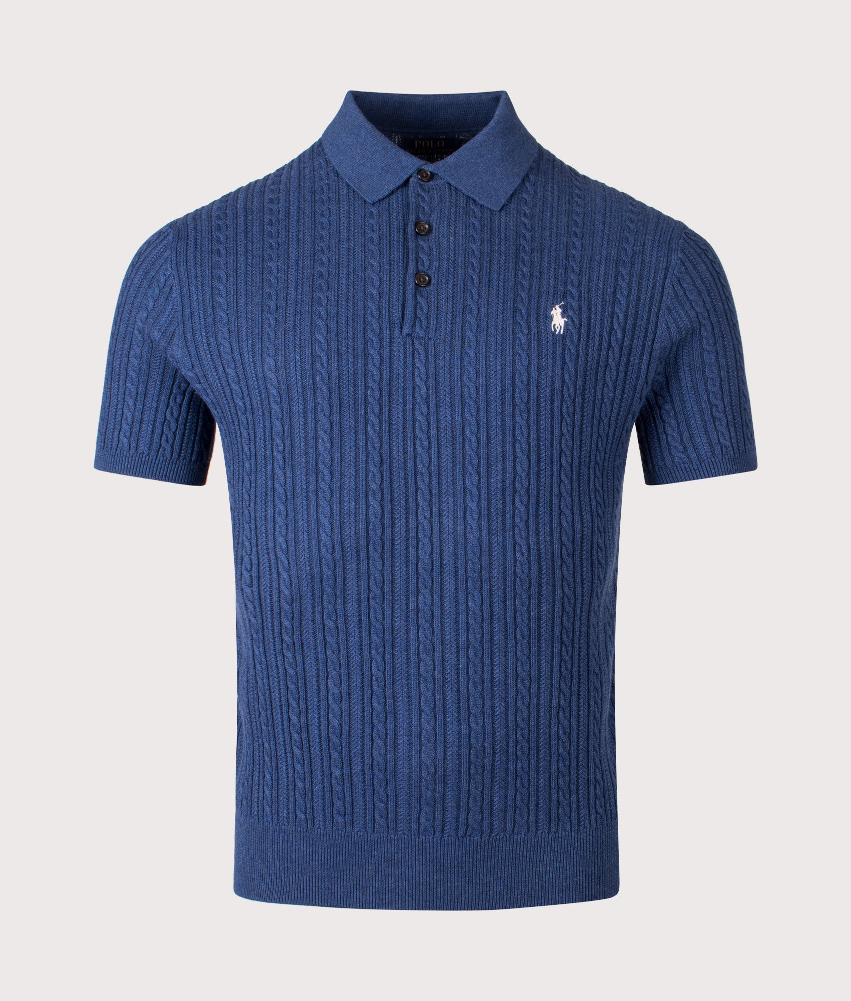Polo Ralph Lauren Cable Knit Polo Shirt in Rustic Navy Heather at EQVVS Menswear. Front shot.
