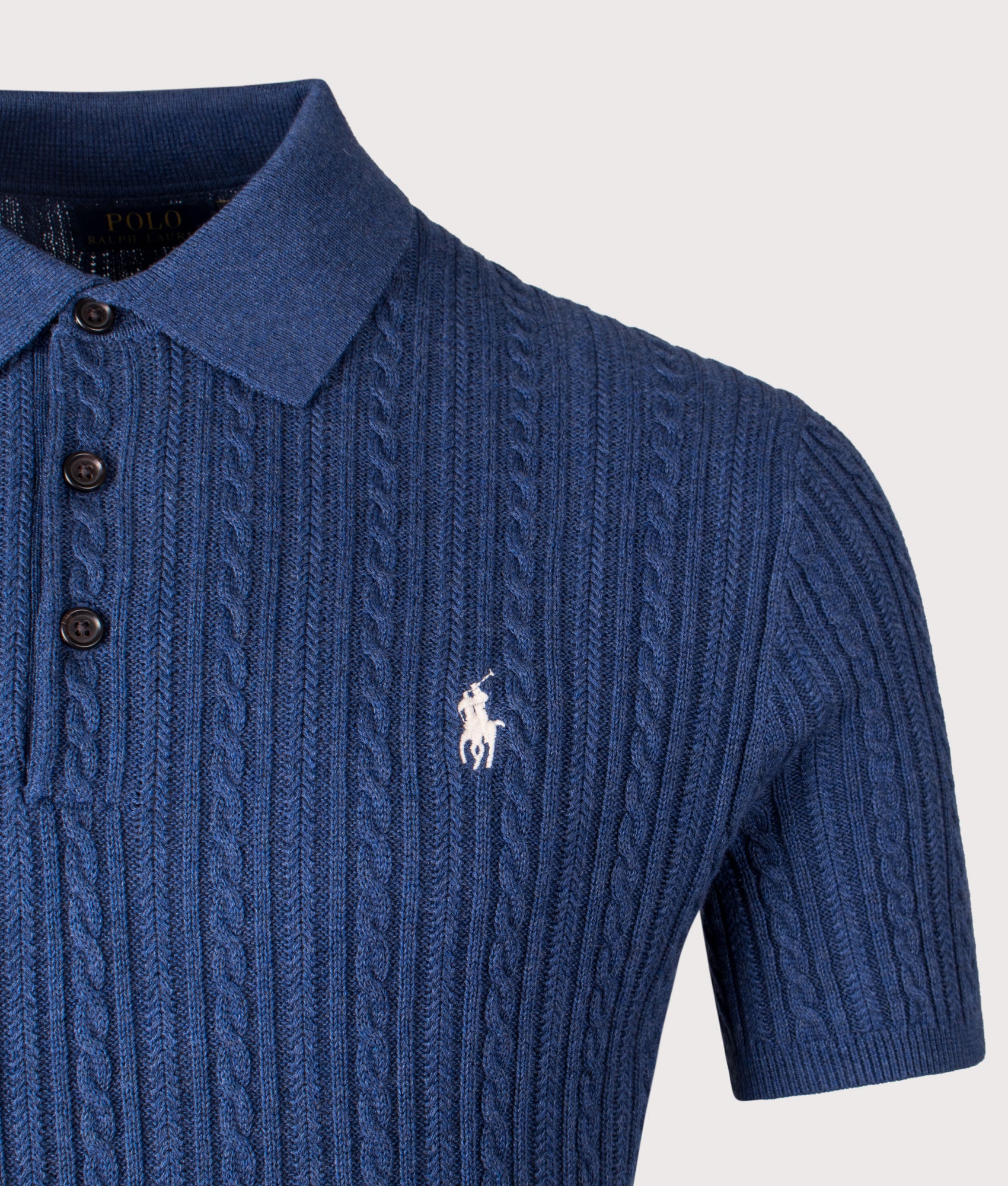 Polo Ralph Lauren Cable Knit Polo Shirt in Rustic Navy Heather at EQVVS Menswear. Detail shot.