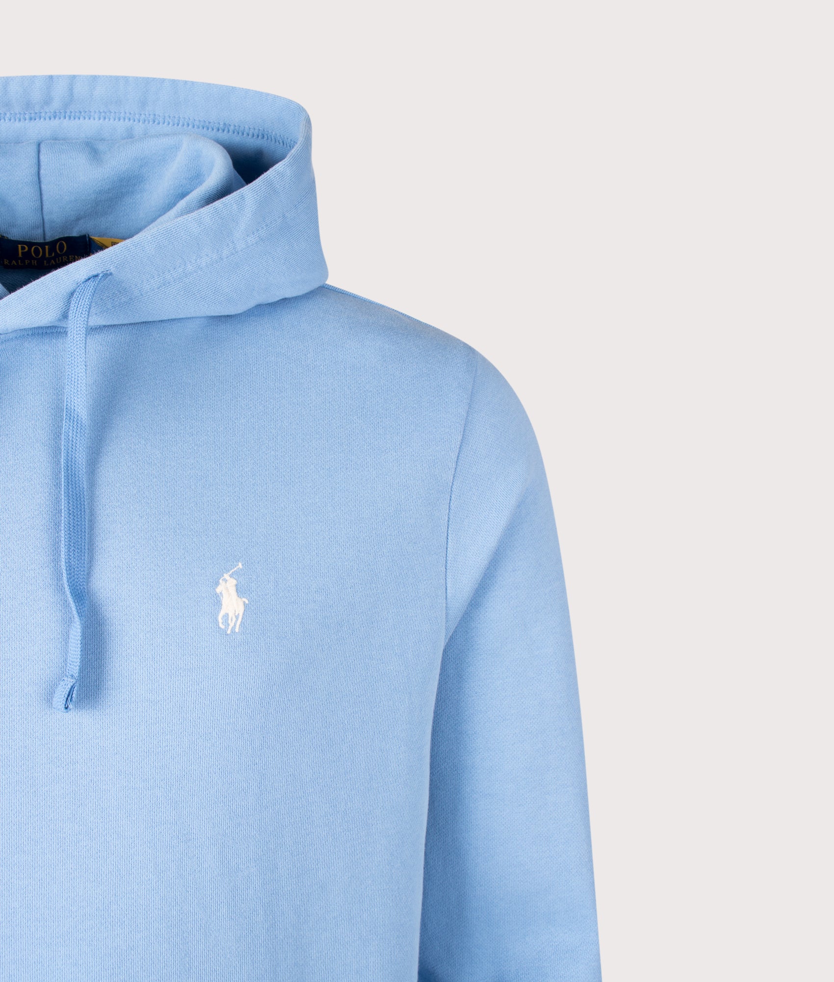 Polo Ralph Lauren Loopback Fleece Hoodie in Bristol Blue at EQVVS Menswear. Detail shot.
