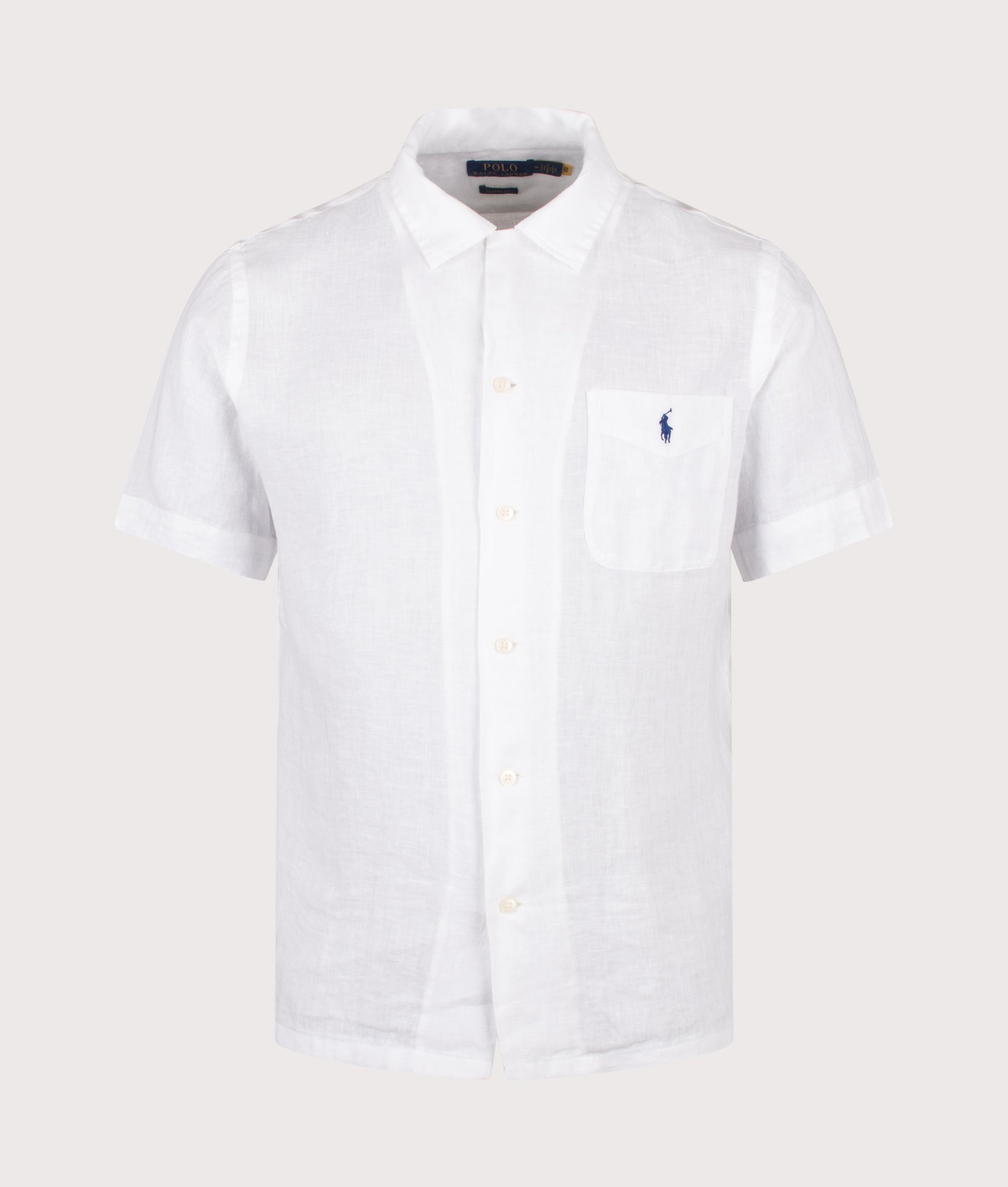 Polo Ralph Lauren Classic Fit Short Sleeve Linen Camp Shirt in White at EQVVS Menswear. Front shot.