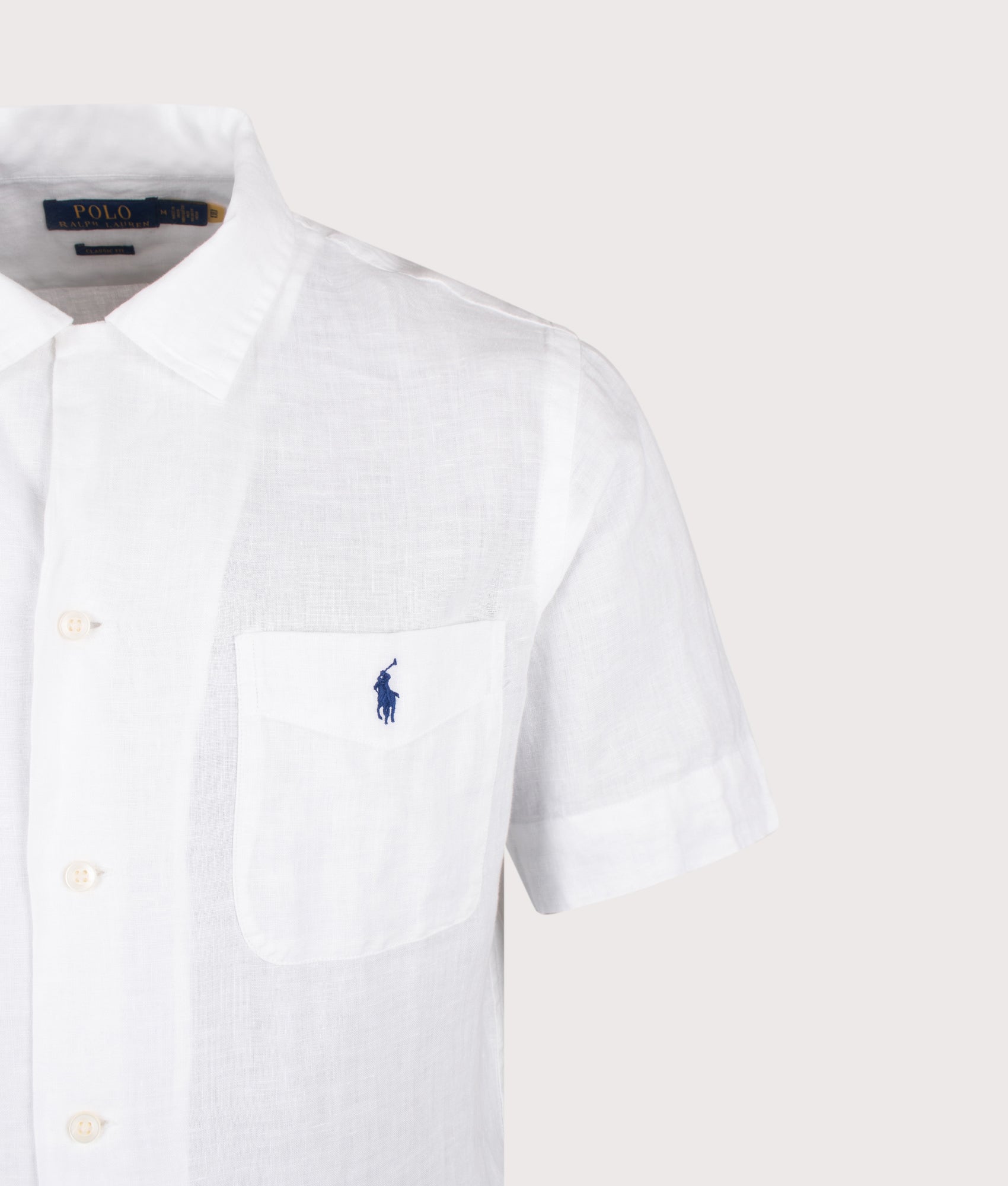 Polo Ralph Lauren Classic Fit Short Sleeve Linen Camp Shirt in White at EQVVS Menswear. Detail shot.