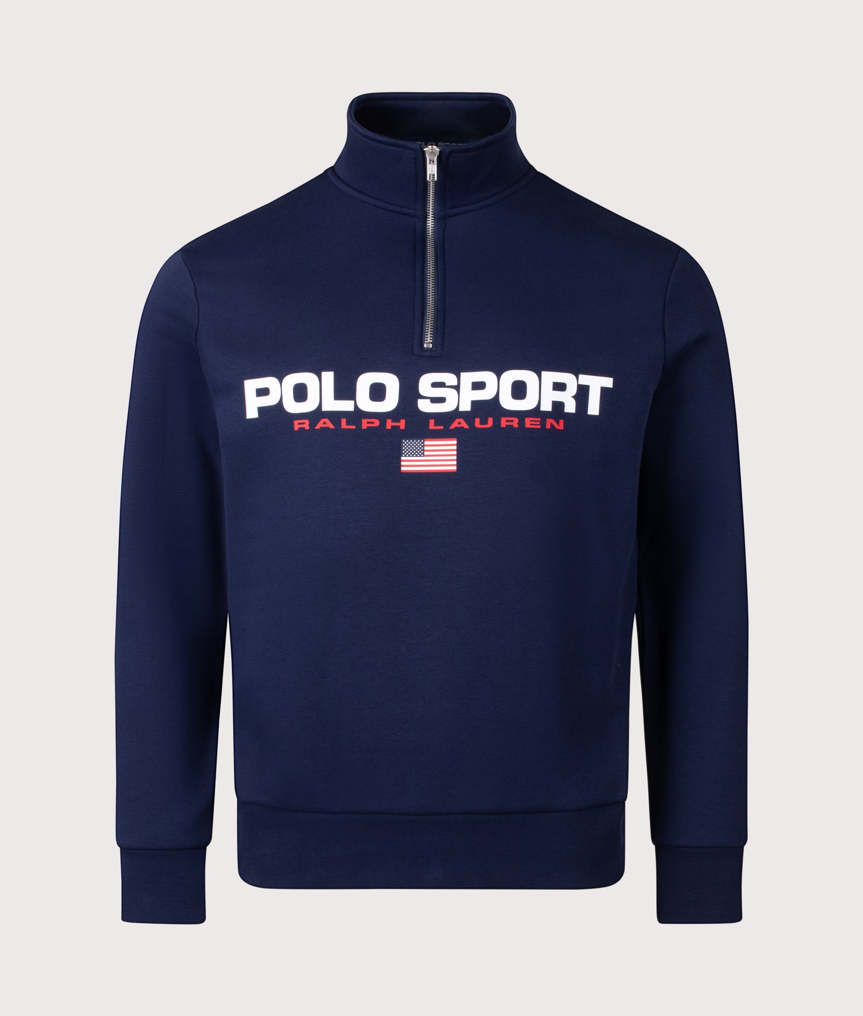 Polo Ralph Lauren Quarter Zip Polo Sport Sweatshirt in Cruise Navy and White at EQVVS Menswear. Front shot.