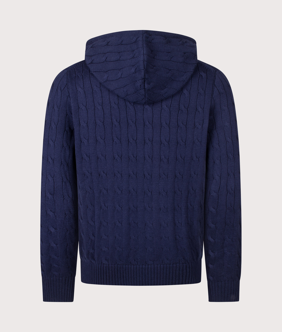 Polo Ralph Lauren Regular Fit Zip Through Cable Knitted Hoodie in Bright Navy at EQVVS Menswear. Back shot.