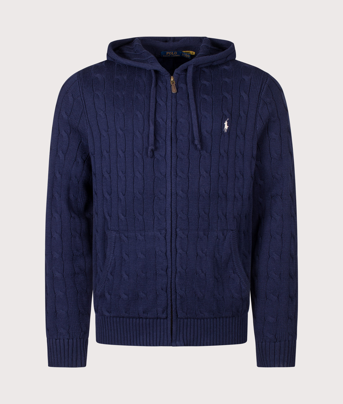 Polo Ralph Lauren Regular Fit Zip Through Cable Knitted Hoodie in Bright Navy at EQVVS Menswear. Front shot.
