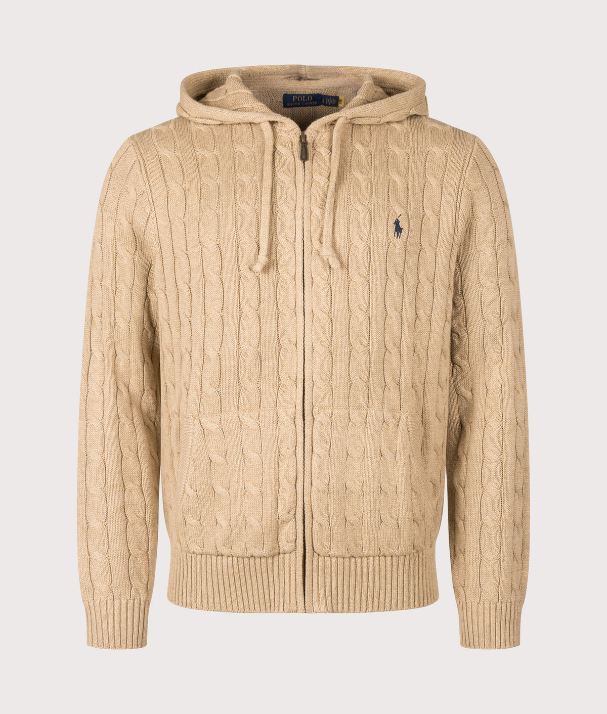 Polo Ralph Lauren Regular Fit Zip Through Cable Knit Hoodie in Camel Melange at EQVVS Menswear. Front shot.