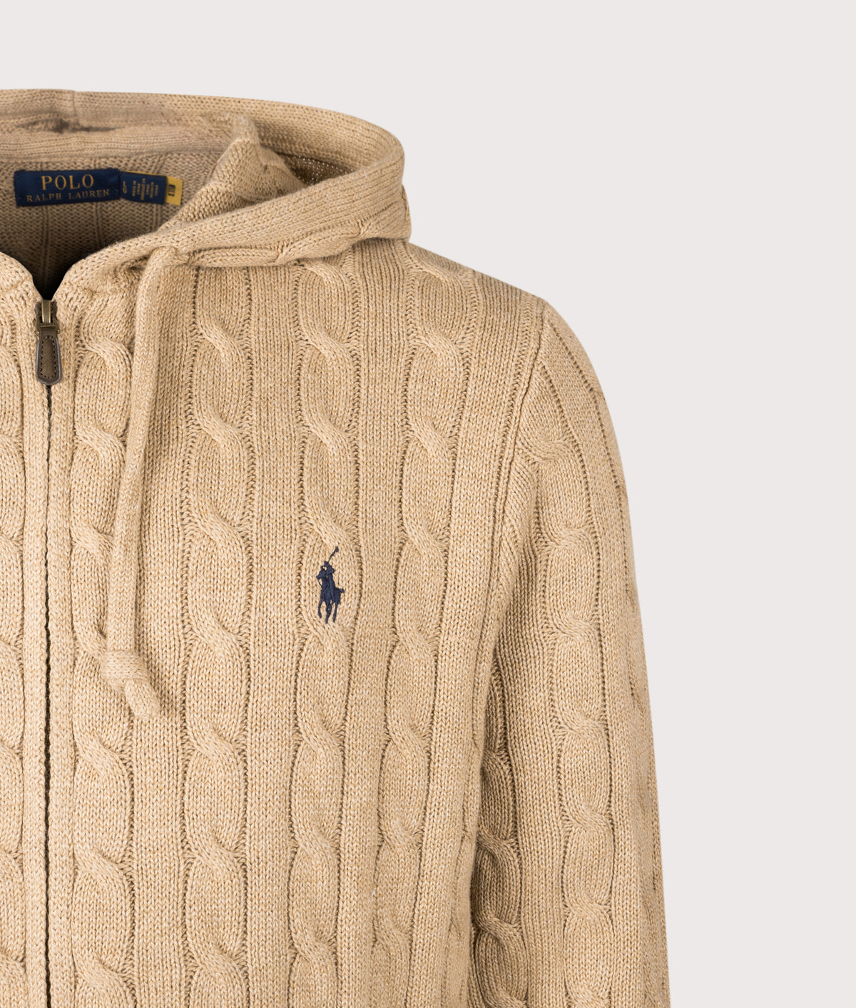 Polo Ralph Lauren Regular Fit Zip Through Cable Knit Hoodie in Camel Melange at EQVVS Menswear. Detail shot.