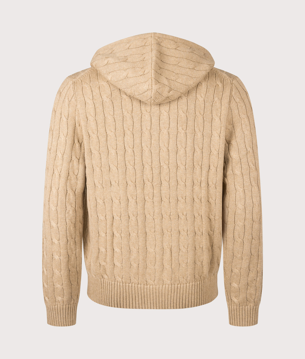 Polo Ralph Lauren Regular Fit Zip Through Cable Knit Hoodie in Camel Melange at EQVVS Menswear. Back shot.