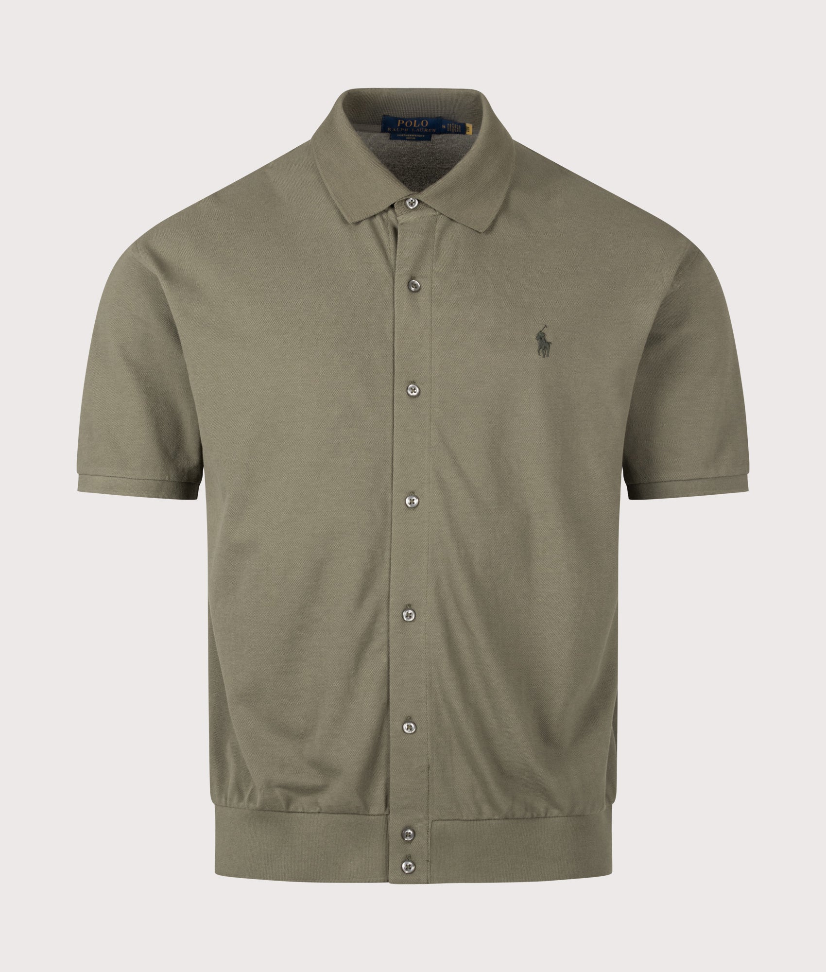 Polo Ralph Lauren Relaxed Fit Cotton Mesh Shirt in Cruise Olive at EQVVS Menswear. Front shot.