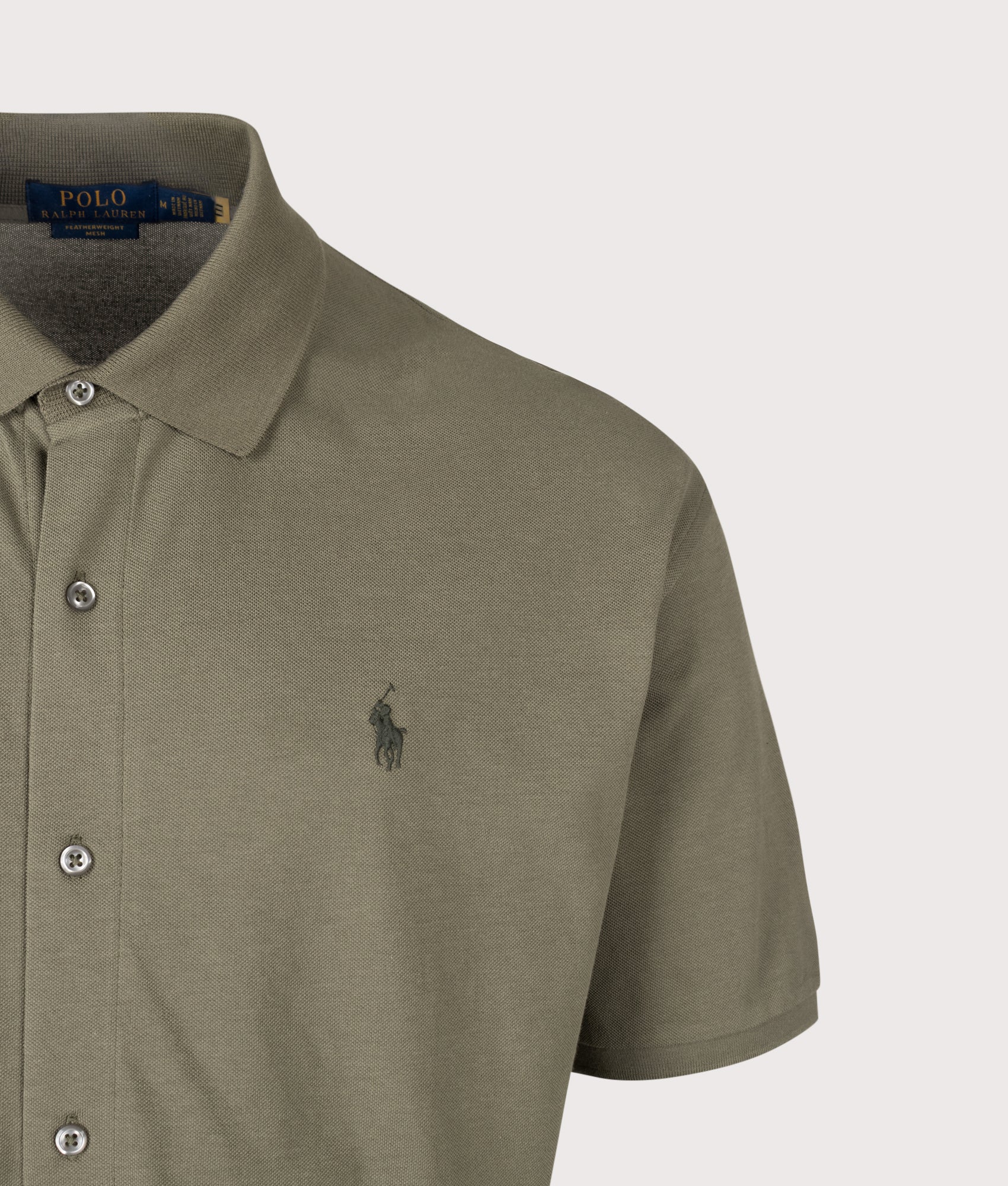 Polo Ralph Lauren Relaxed Fit Cotton Mesh Shirt in Cruise Olive at EQVVS Menswear. Detail shot.