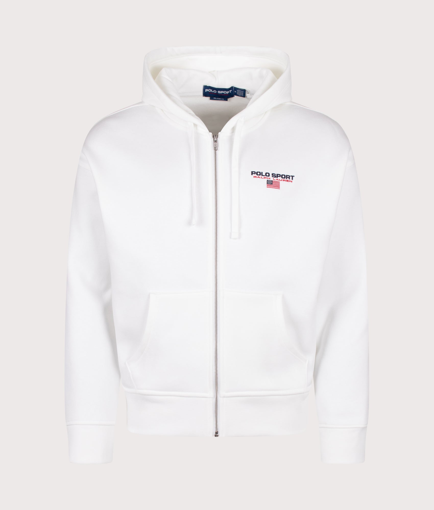 Polo Ralph Lauren Relaxed Fit Polo Sport Flag Logo Hoodie in White and Cruise Navy at EQVVS Menswear. Front shot.