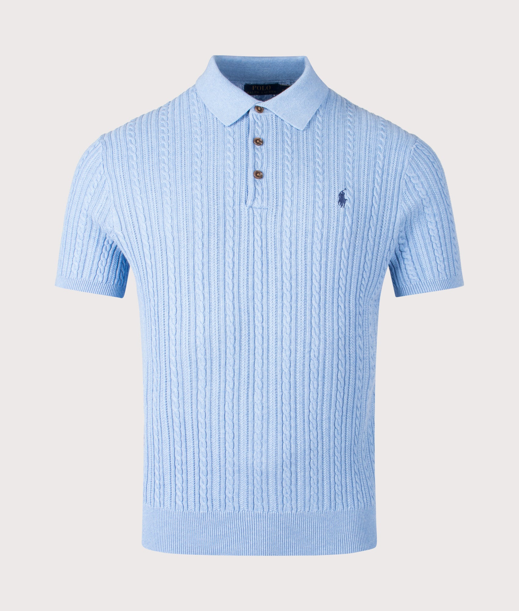 Polo Ralph Lauren Cable Knit Polo Shirt  in Light Boleite Blue Heather at EQVVS Menswear. Front shot.