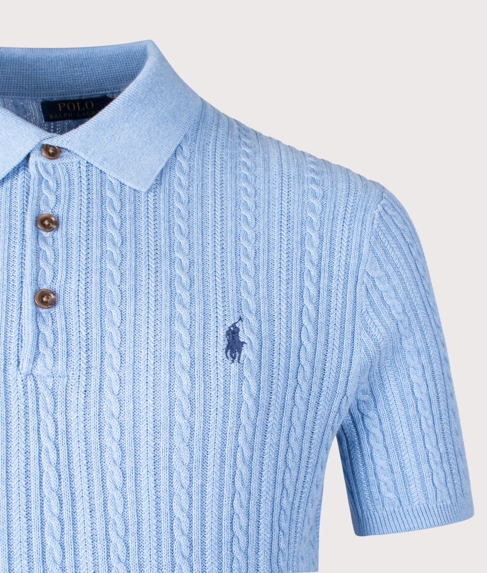 Polo Ralph Lauren Cable Knit Polo Shirt  in Light Boleite Blue Heather at EQVVS Menswear. Detail shot.
