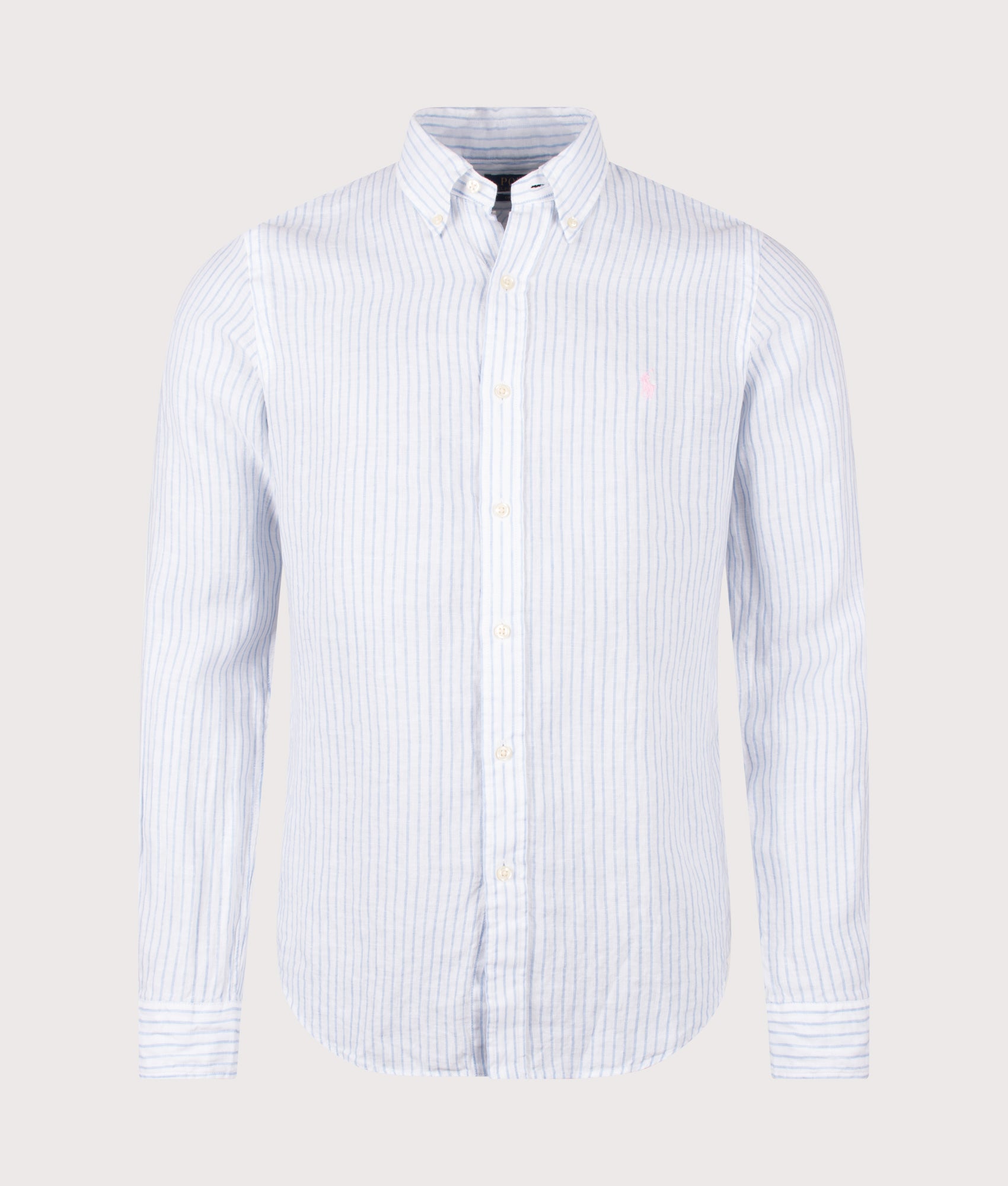 Polo Ralph Lauren Custom Fit Striped Linen Shirt in White and Blue at EQVVS Menswear. Front shot.