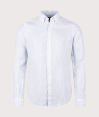 Custom Fit Striped Linen Shirt: 004 White Blue 