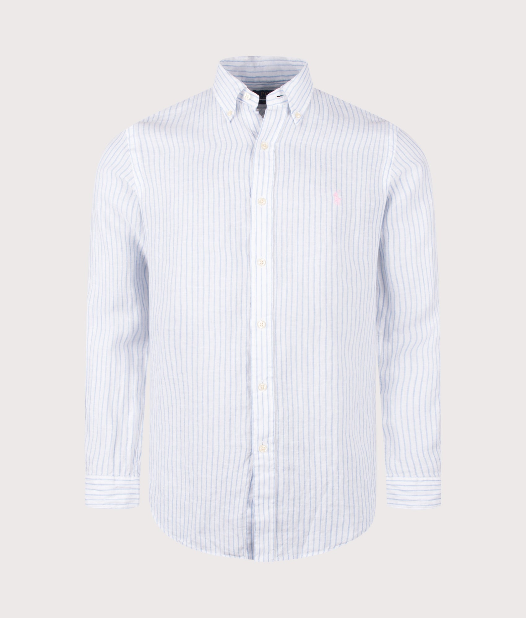 Polo Ralph Lauren Custom Fit Striped Linen Shirt in White and Blue at EQVVS Menswear. Front shot.