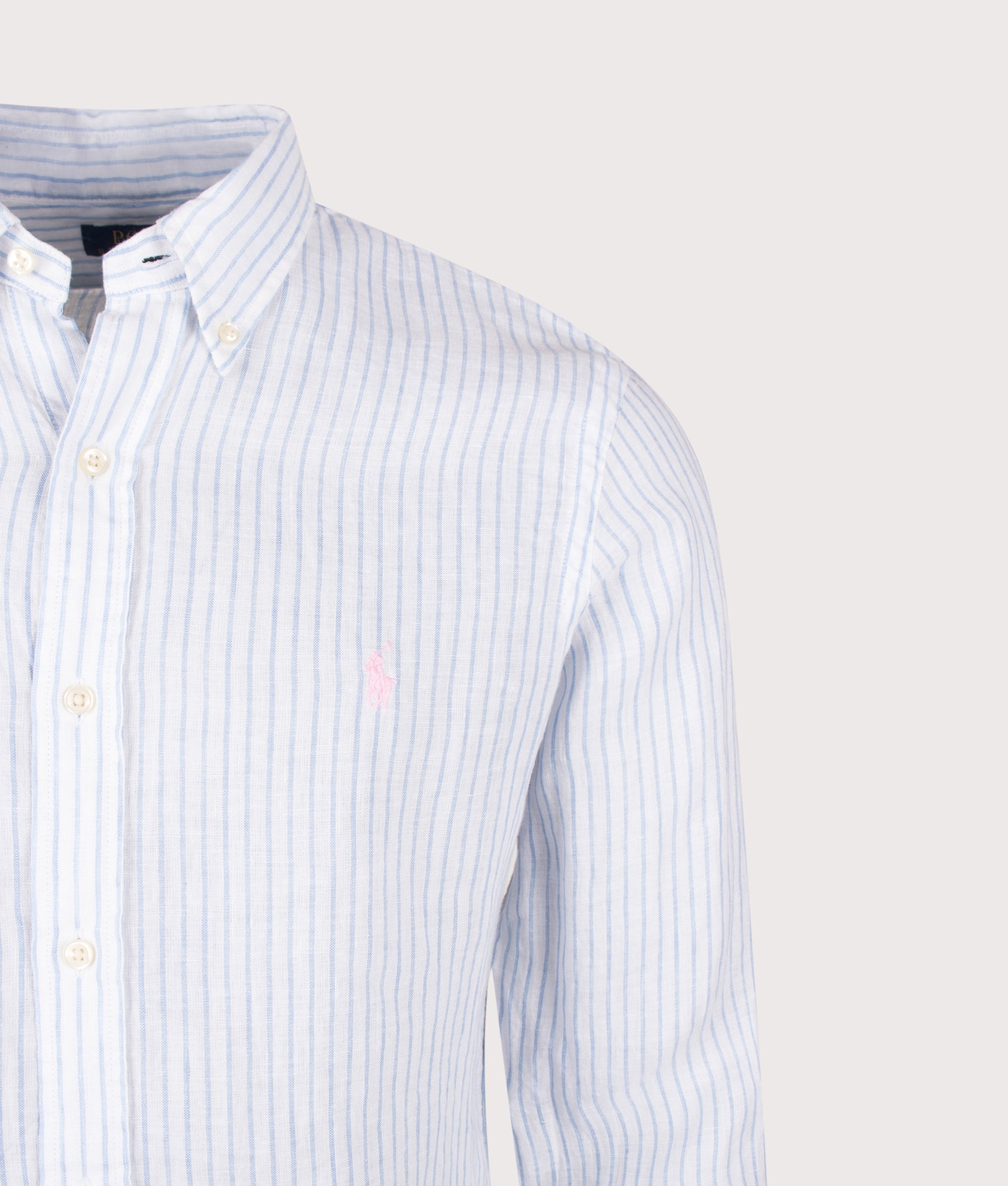 Polo Ralph Lauren Custom Fit Striped Linen Shirt in White and Blue at EQVVS Menswear. Detail shot.