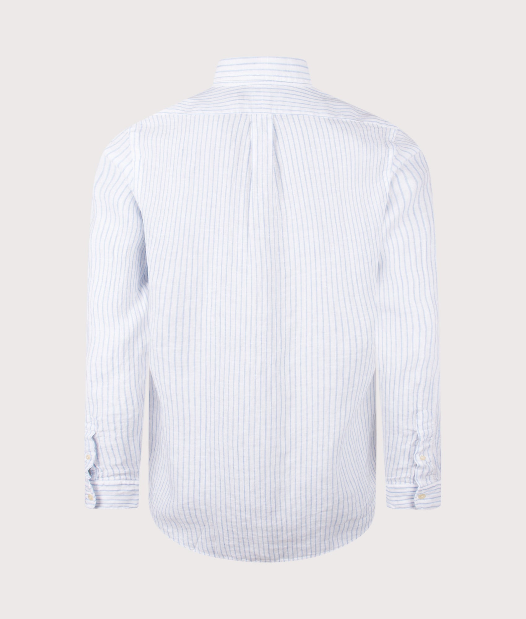 Polo Ralph Lauren Custom Fit Striped Linen Shirt in White and Blue at EQVVS Menswear. Back shot.