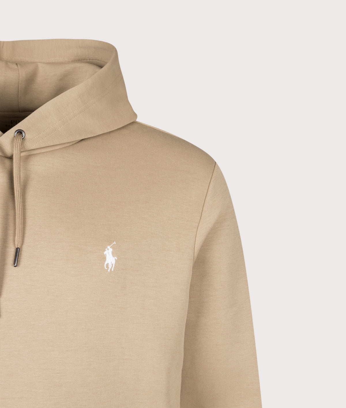Polo Ralph Lauren Double Knit Hoodie in Vintage Khaki at EQVVS Menswear. Detail shot.