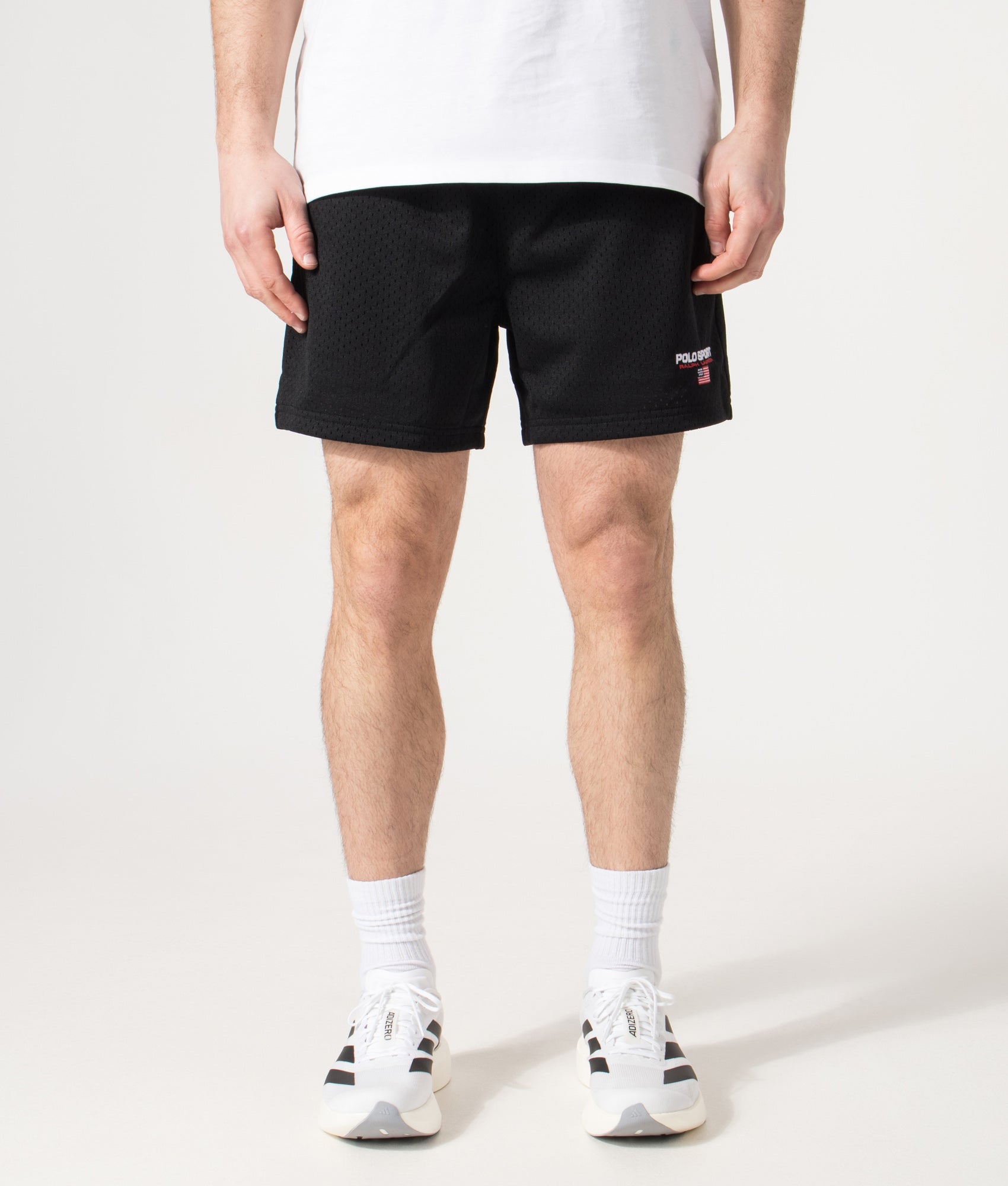 Polo Ralph Lauren Performance Mesh Sweat Shorts in Polo Black at EQVVS Menswear. Model front shot.