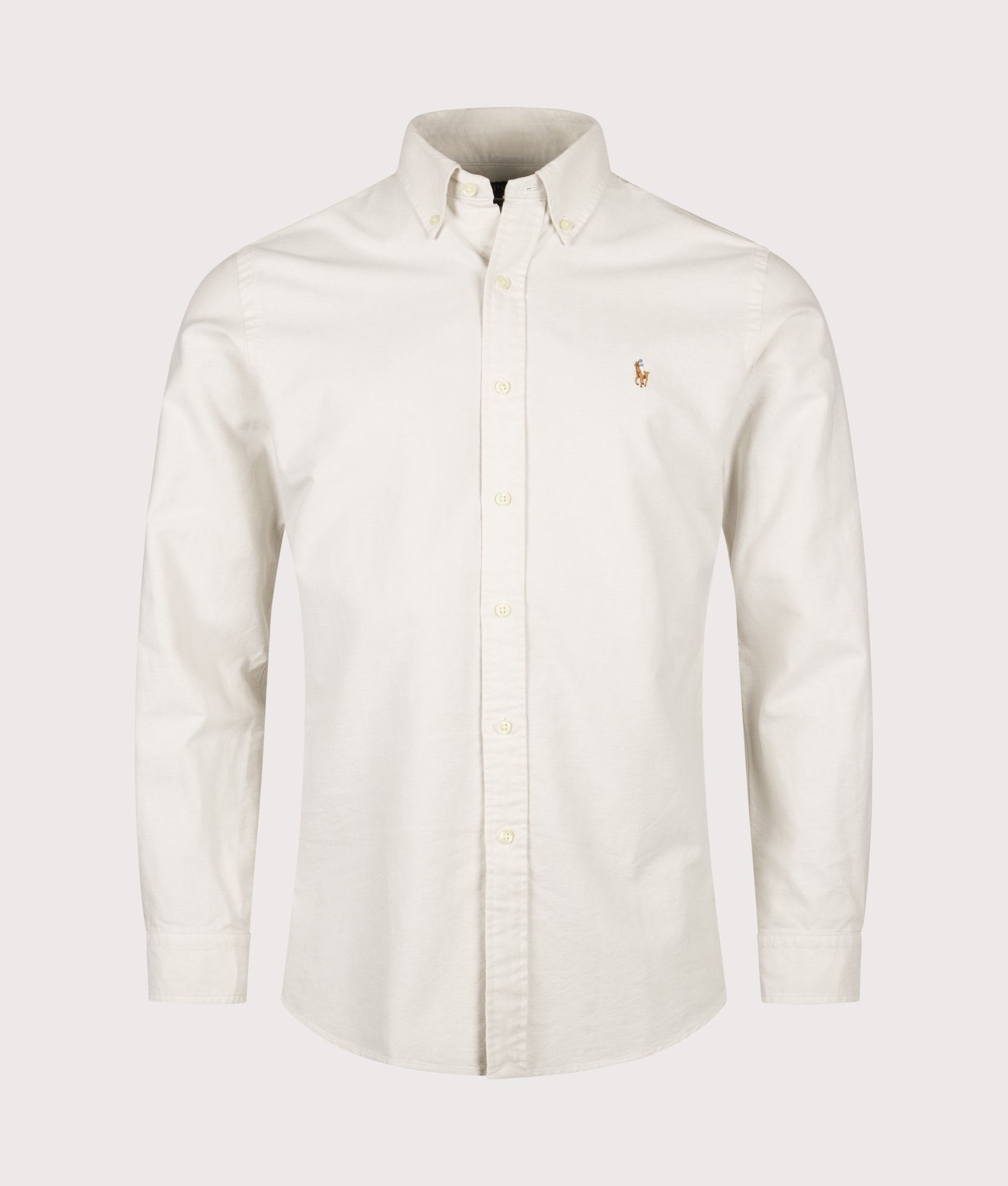 Polo Ralph Lauren Custom Fit Iconic Oxford Shirt arrives in Basic Sand at EQVVS Menswear. Front shot.