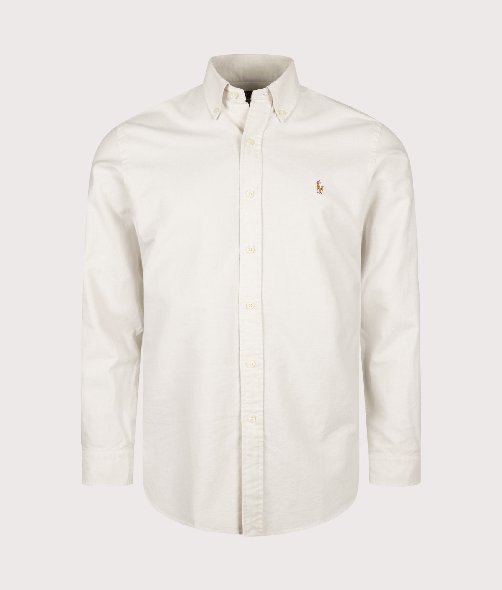 Polo Ralph Lauren Custom Fit Iconic Oxford Shirt arrives in Basic Sand at EQVVS Menswear. Front shot.