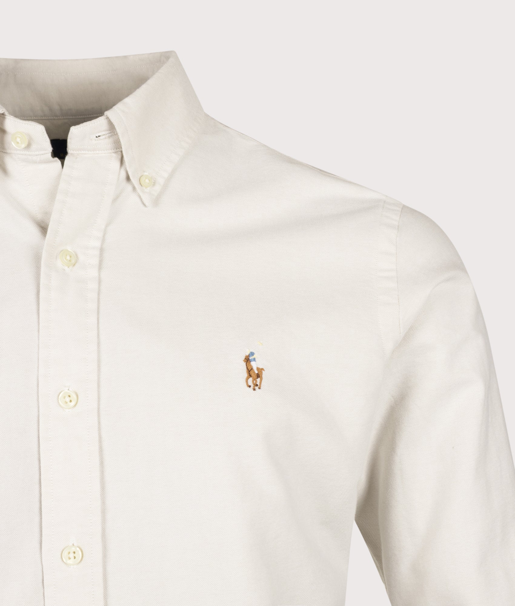 Polo Ralph Lauren Custom Fit Iconic Oxford Shirt arrives in Basic Sand at EQVVS Menswear. Detail shot.