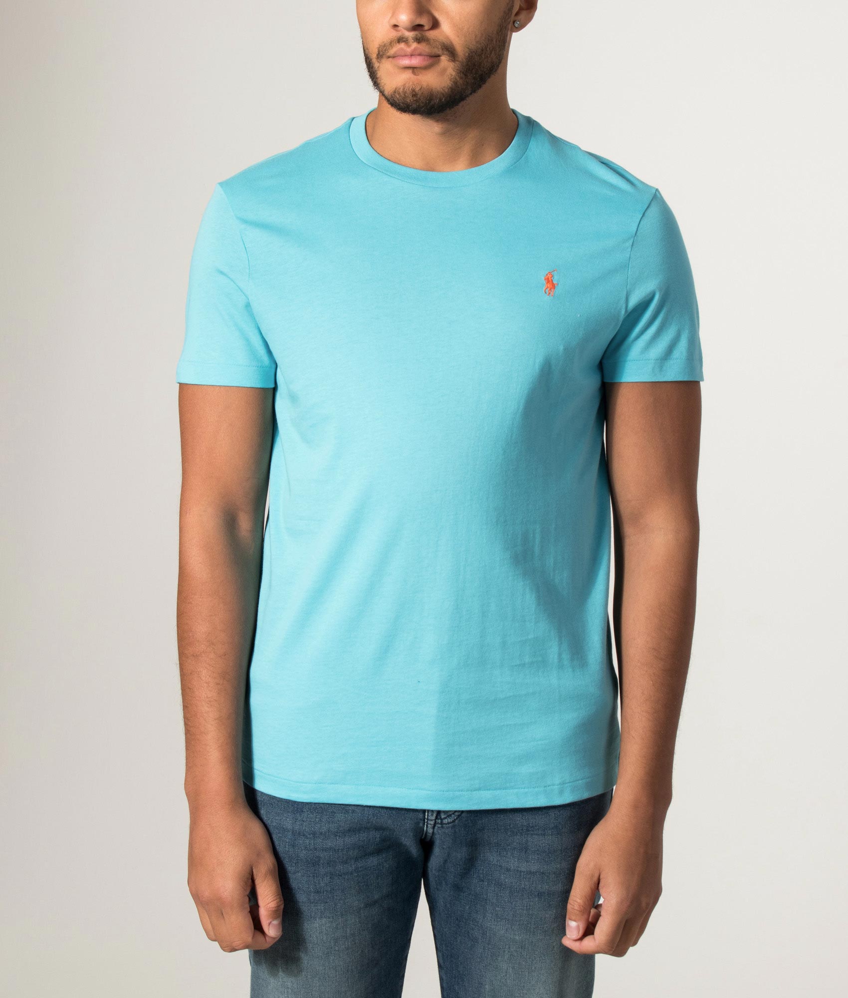 Polo Ralph Lauren Custom Slim Fit Jersey Crewneck T-Shirt in Perfect Turquoise at EQVVS Menswear. Front shot.