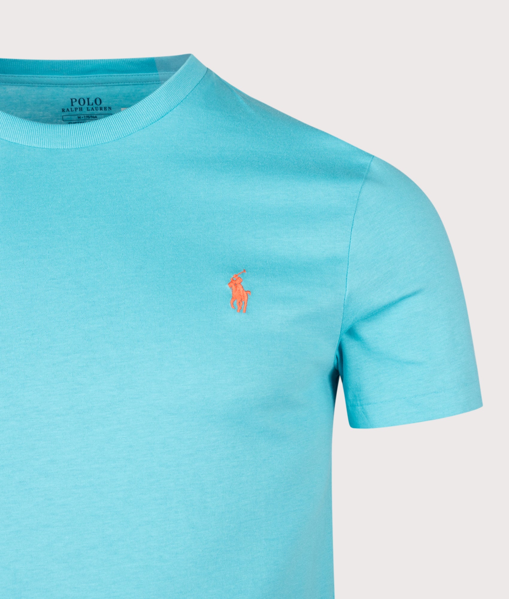 Polo Ralph Lauren Custom Slim Fit Jersey Crewneck T-Shirt in Perfect Turquoise at EQVVS Menswear. Detail shot.