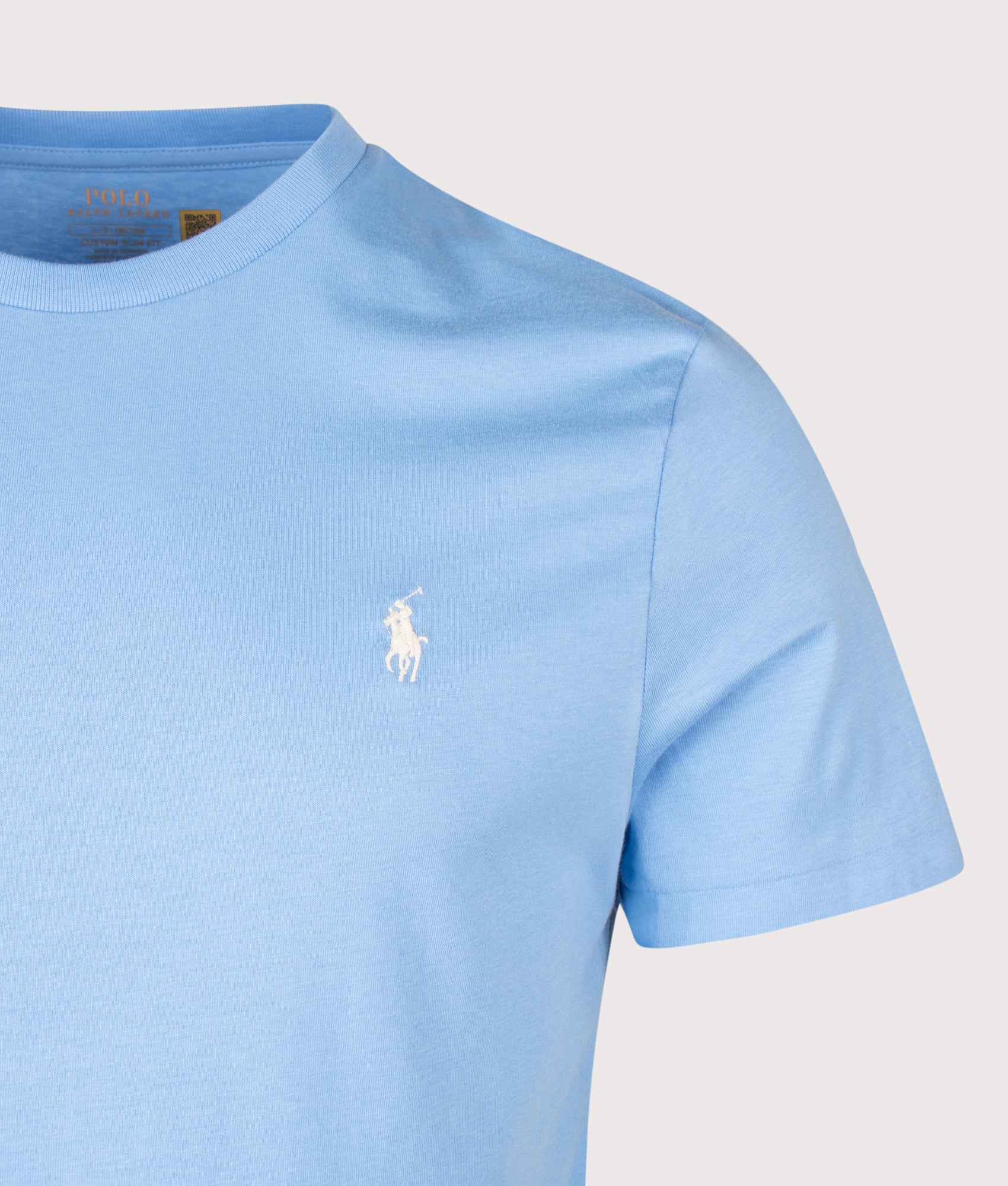Polo Ralph Lauren Custom Slim Fit Jersey T-Shirt in Blue Lagoon at EQVVS Menswear. Detail shot.