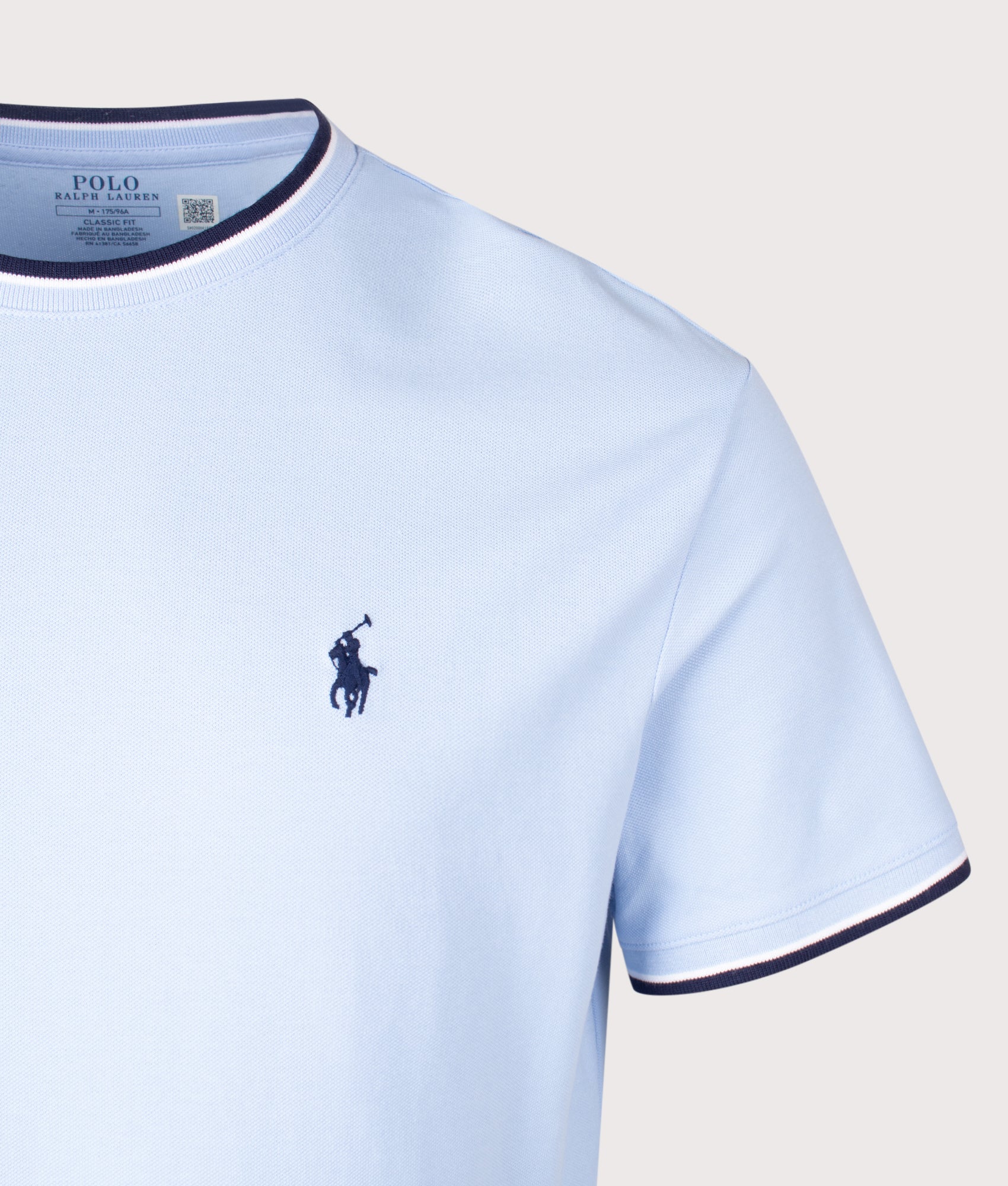 Polo Ralph Lauren Classic Fit Stretch Mesh T-Shirt in Office Blue at EQVVS Menswear. Detail shot.