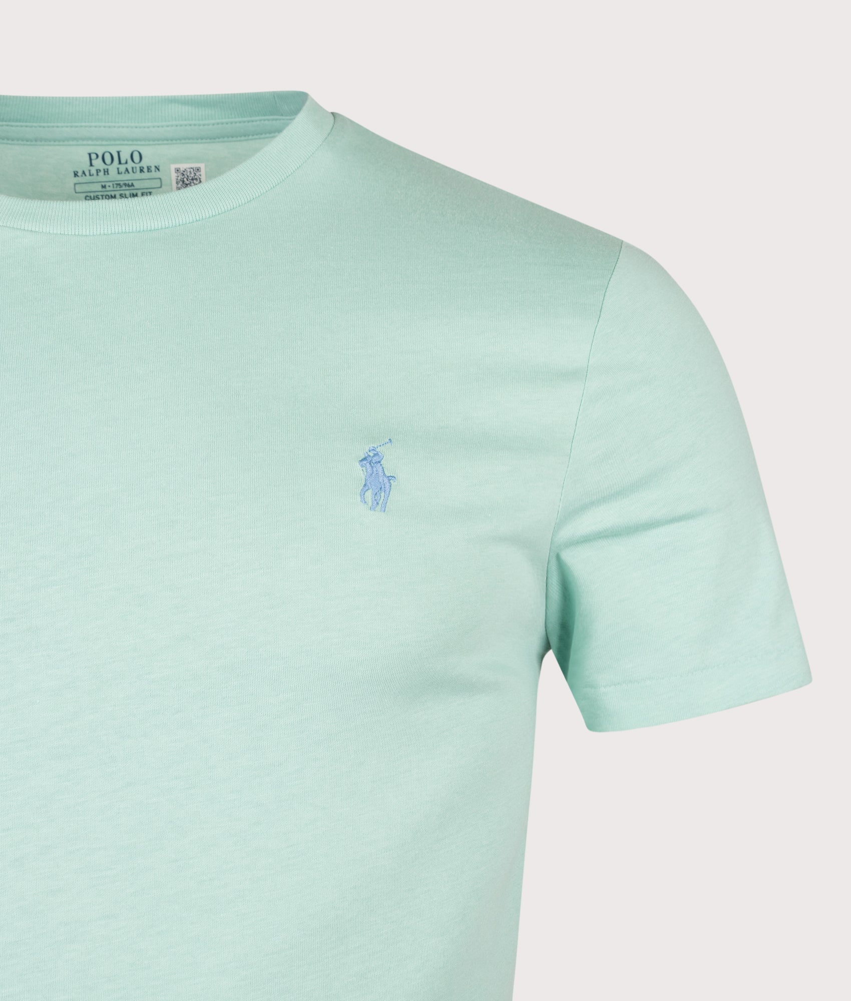 Polo Ralph Lauren Custom Slim Fit Jersey Crewneck T-Shirt in Celadon at EQVVS Menswear. Detail shot.