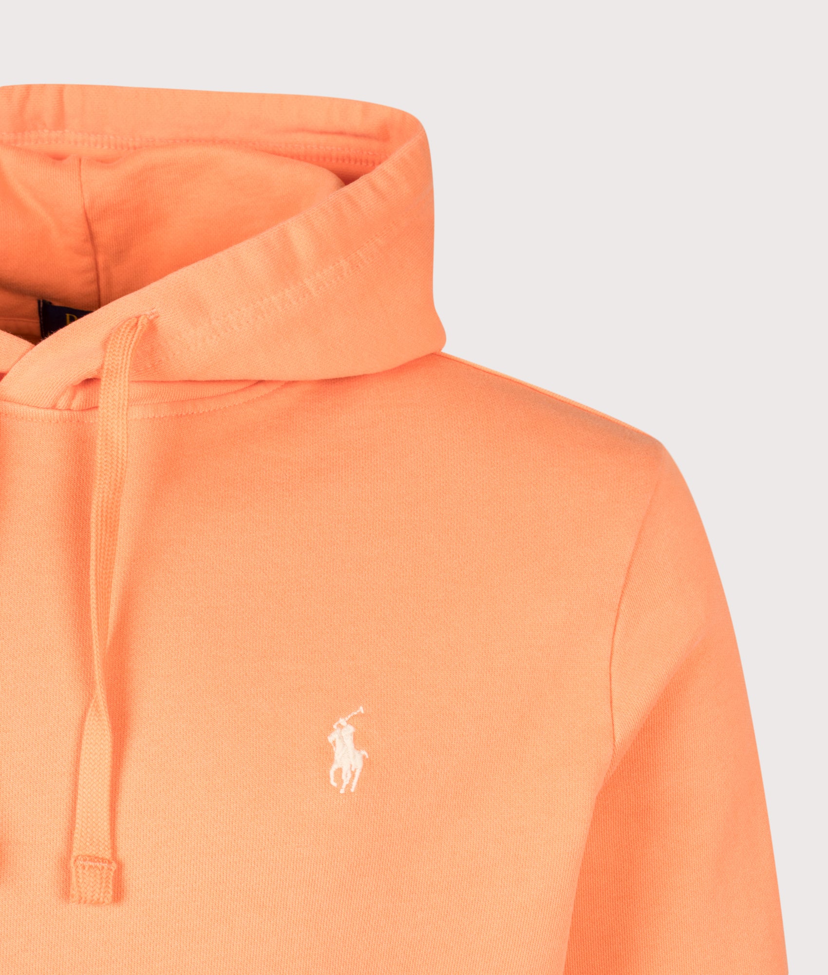 Loopback Fleece Hoodie in Pompano Orange by Polo Ralph Lauren. Shot by EQVVS. Detail shot.