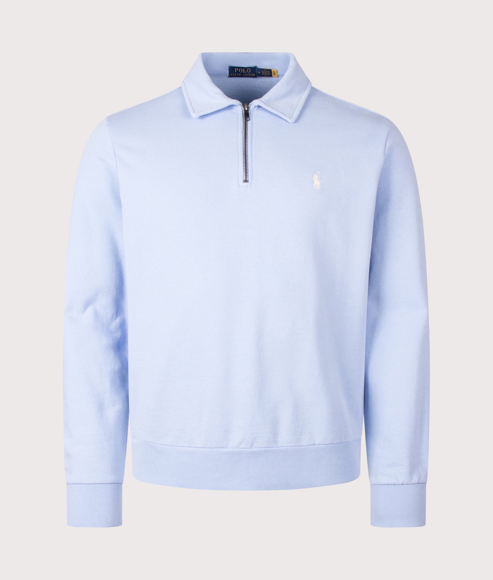 Polo Ralph Lauren Loopback Quarter Zip Sweatshirt in Pebble Blue at EQVVS Menswear. Front shot.
