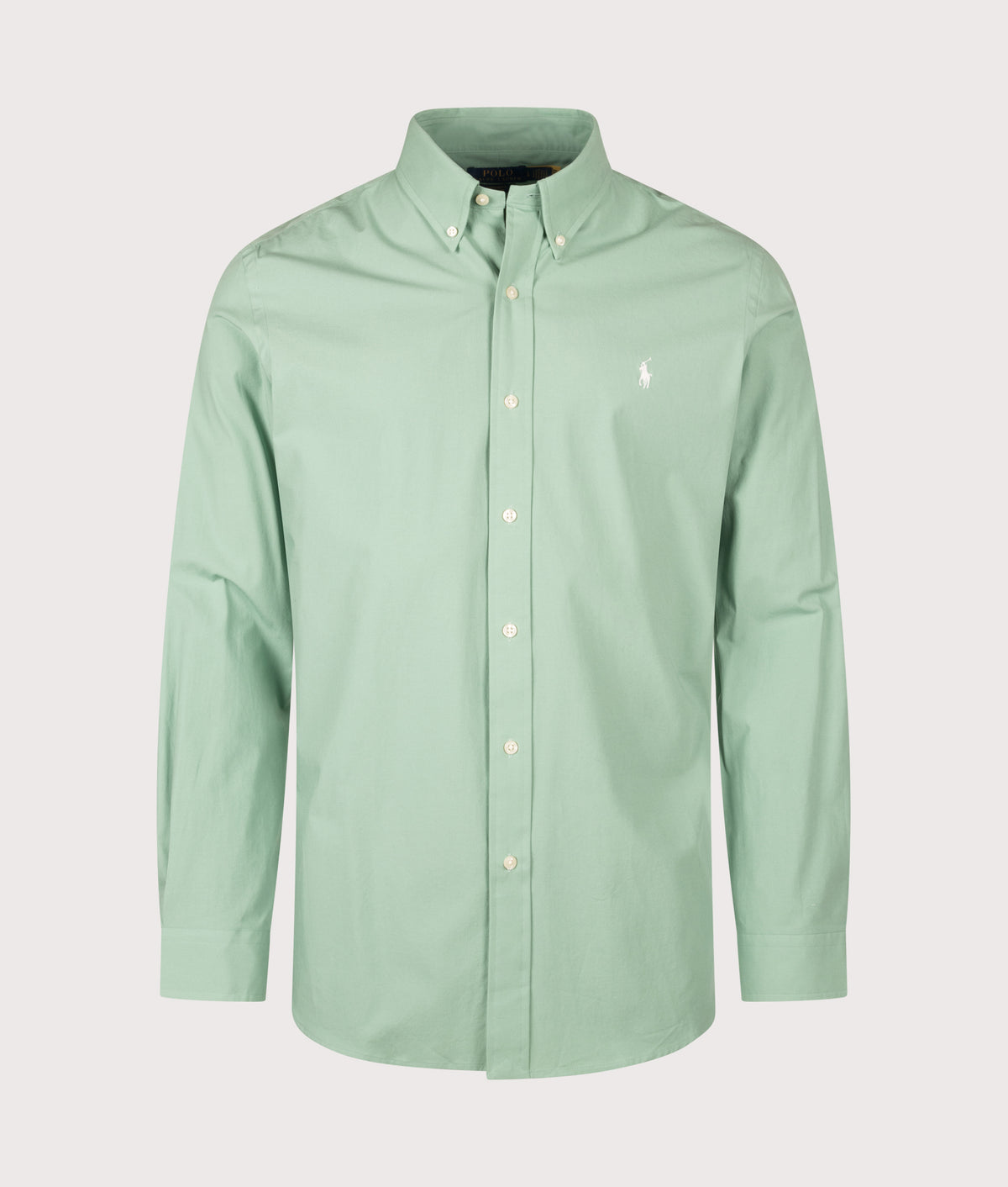 Polo Ralph Lauren Custom Fit Stretch Poplin Shirt in Faded Mint at EQVVS Menswear. Front shot.