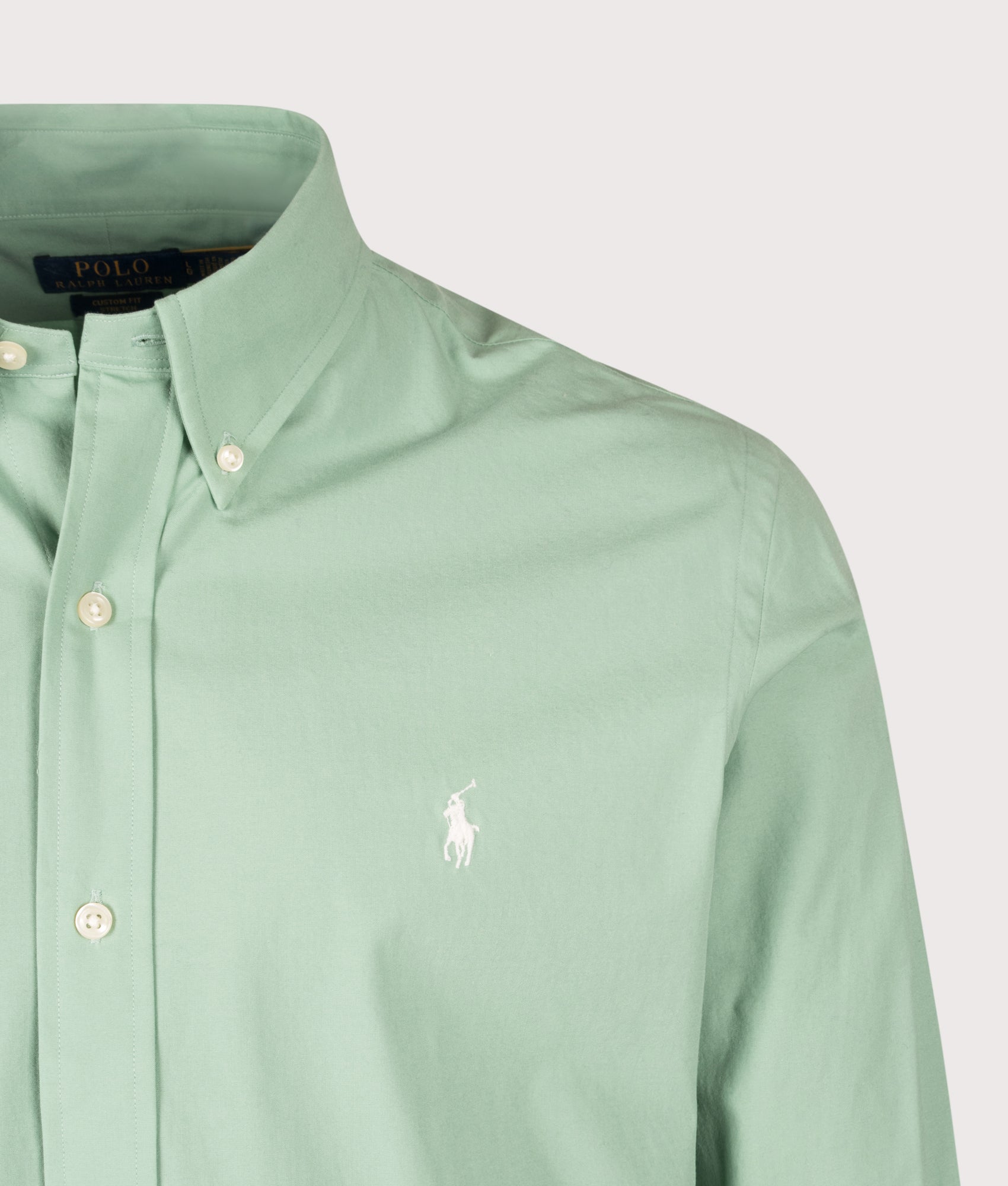 Polo Ralph Lauren Custom Fit Stretch Poplin Shirt in Faded Mint at EQVVS Menswear. Detail shot.
